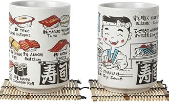 LOVE LOVE JAPANJapanese Tea Cups Sushi-Yunomi Mino Ware With Bamboo Coaster (Set of 2) (Sushi Chef)