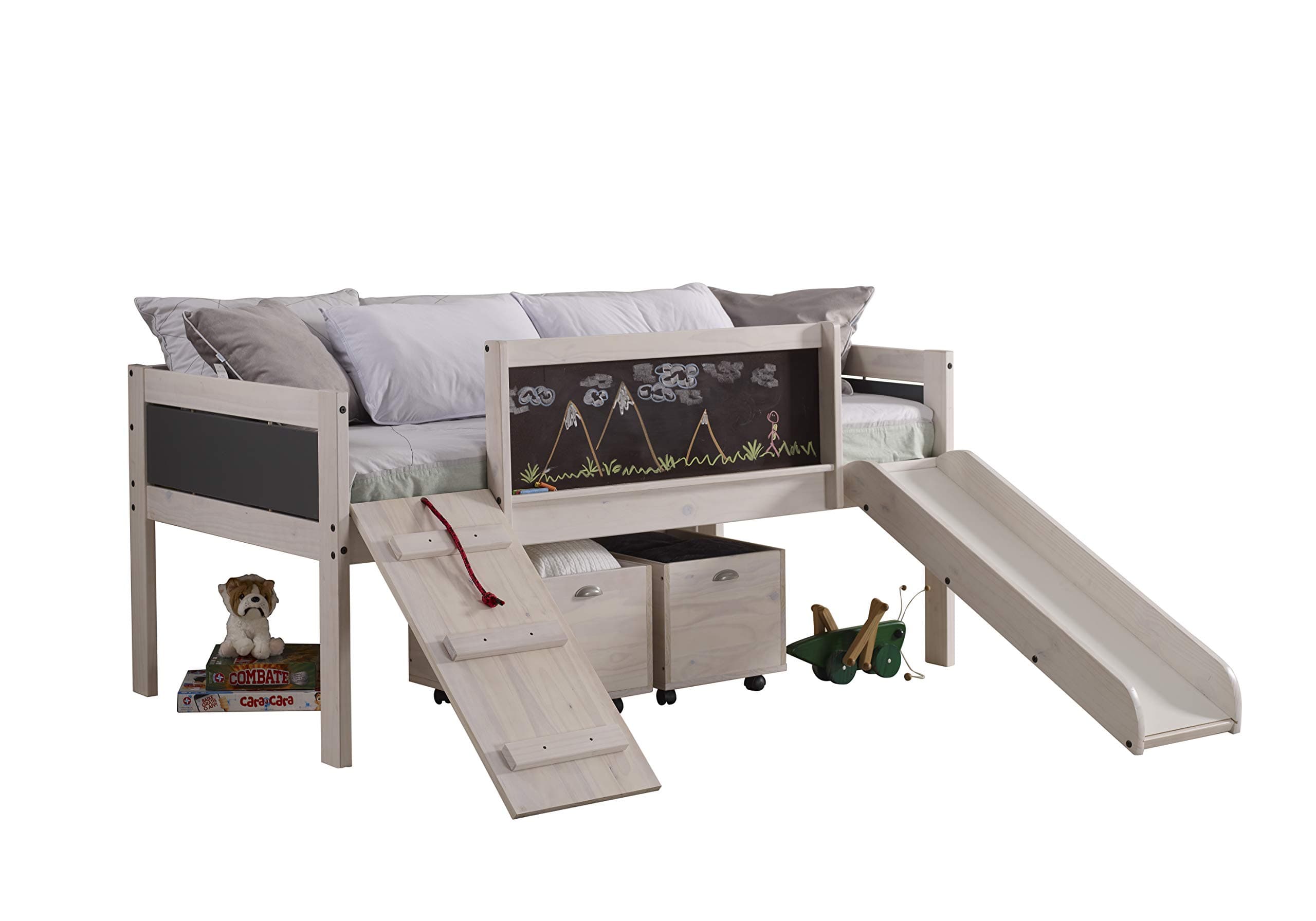 Donco KidsNovelty Twin Art Play Junior Low Loft with Toy Boxes in White Wash/Dark Grey Finish.