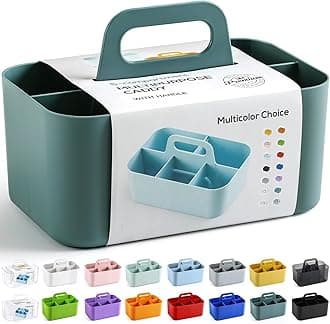 Multiuse Caddy Organizer with Handle, Portable Divided Plastic Tote Bin - Art Craft, Stationary Pen Marker Crayons, Makeup Hair Supplies Storage - Bathroom, Classroom, Dorm, Office, Desk Holder - Cyan