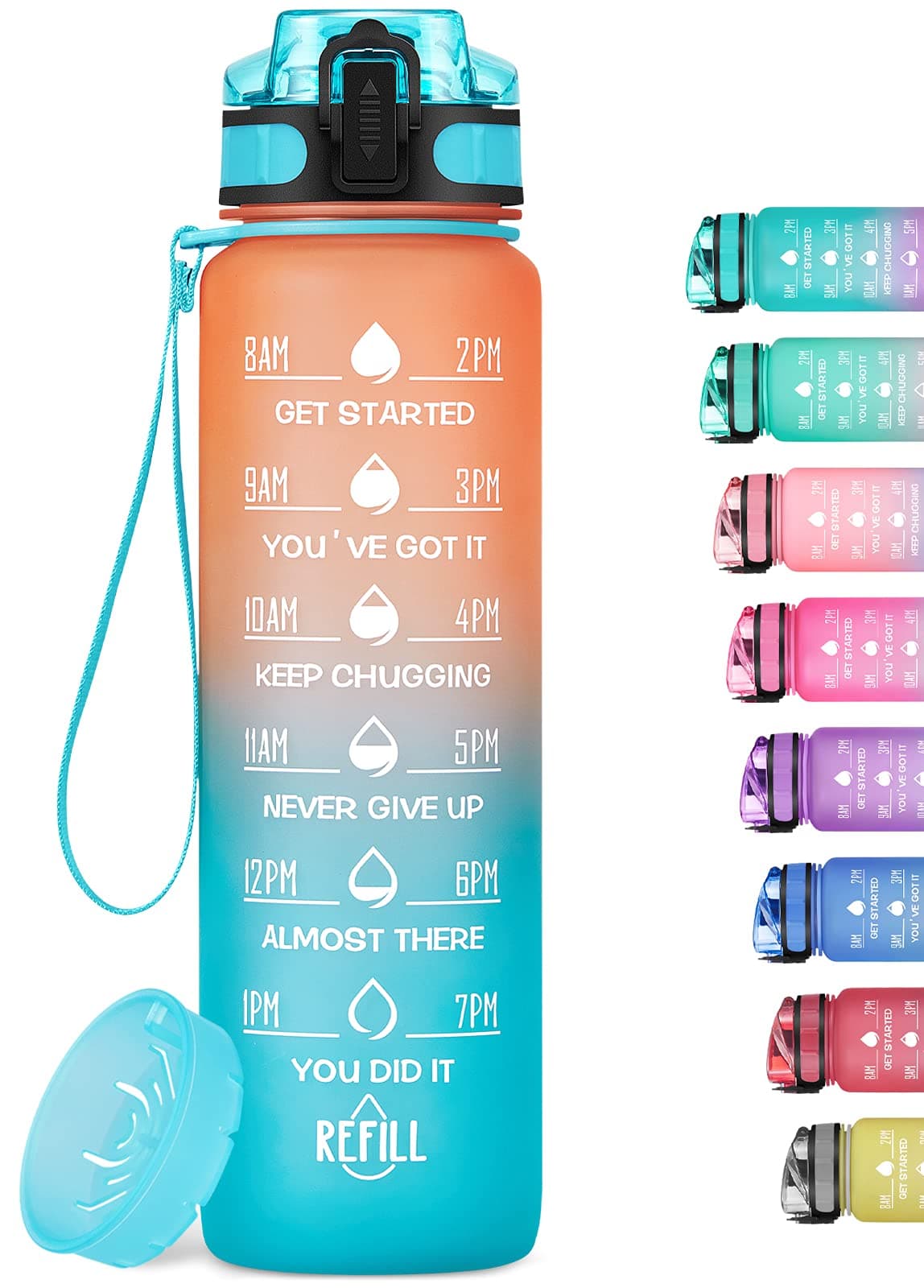 Motivational Water Bottle with Time Marker and Fruit Strainer, Leak-Proof, BPA Free, Non-Toxic, with Carrying Strap, Perfect for Fitness, Gym and Sports