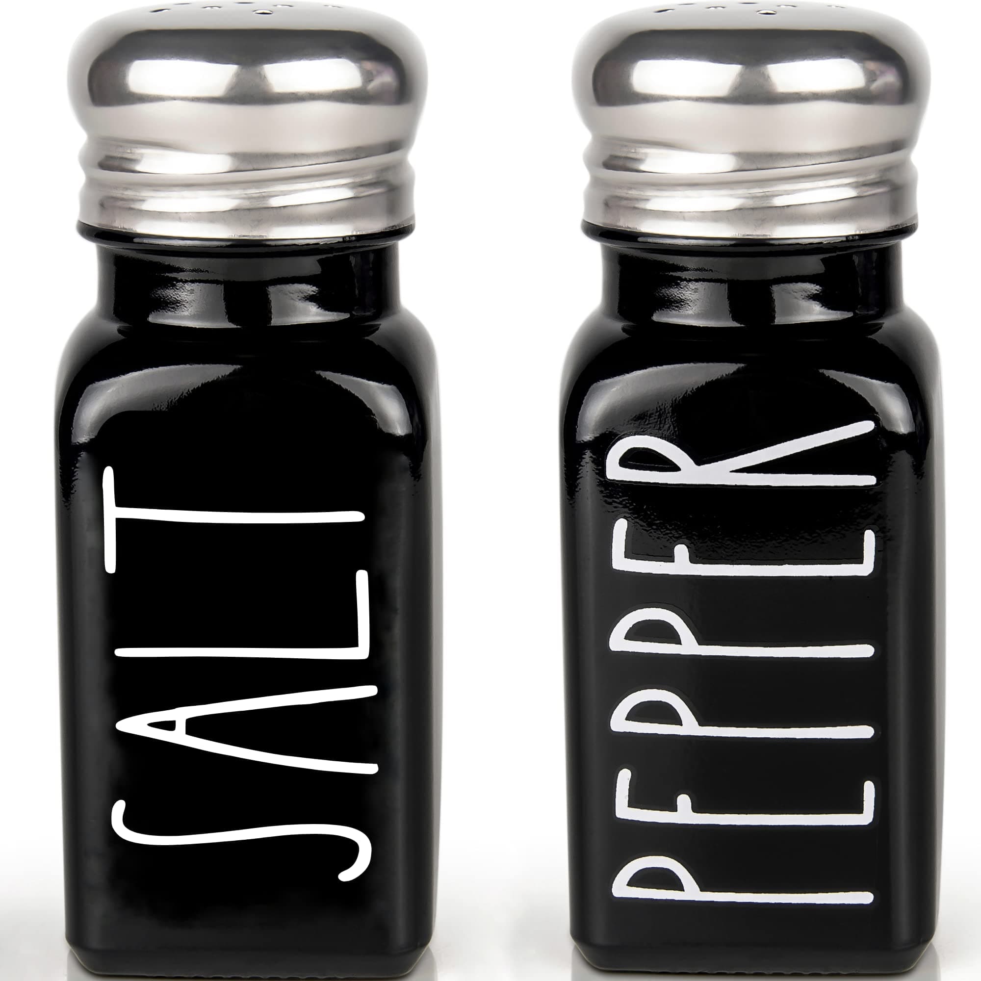 Black Salt and Pepper Shakers Set by Brighter Barns - Cute Kitchen Decor - Gothic or Halloween Kitchen Decor - Glass Shaker with Stainless Steel Lid for Home, Restaurant, Gifts (Black)
