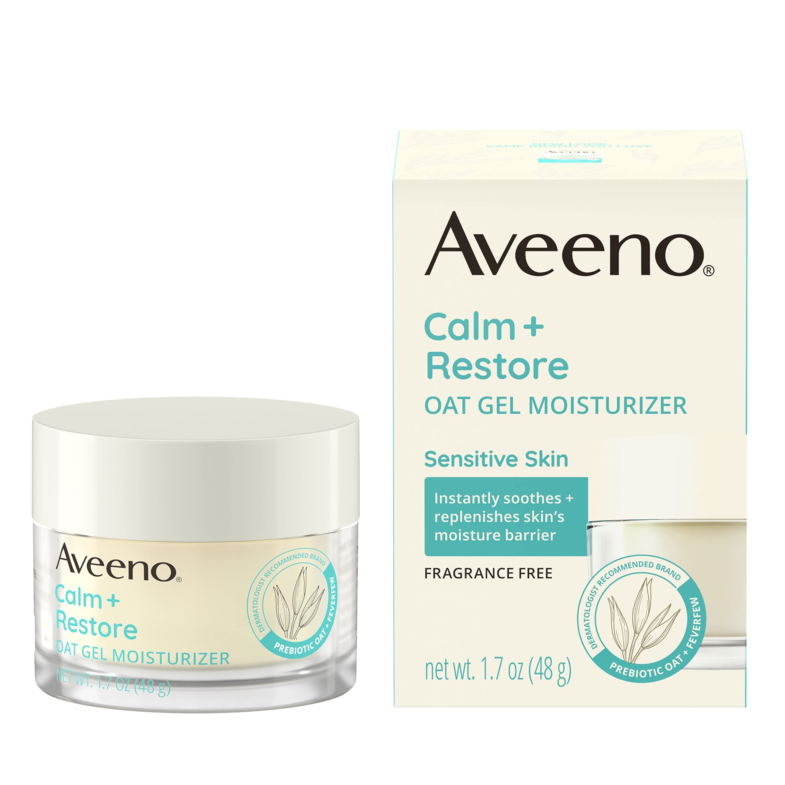 Aveeno Calm + Restore Oat Gel Facial Care for Sensitive Skin, Lightweight Gel Cream Face Care with Prebiotic Oat and Fever Care, Hypoallergenic, Fragrance and Paraben Free, 50 ml