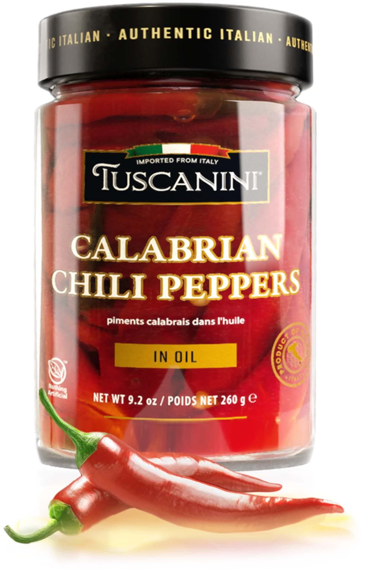 Tuscanini Premium Whole Calabrian Chili Peppers In Olive Oil, 260g | Beautifully Red and Long Peppers | Just 3 Ingredients | Nothing Artificial | Product of Italy | Kosher