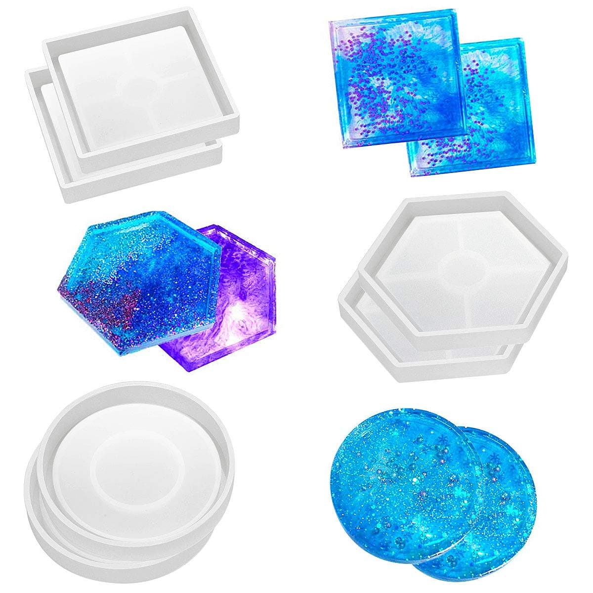 SunBeter 6 Pack DIY Coaster Silicone Mould Epoxy Casting Molds, Include Round, Square, Hexagon for Casting with Resin, Concrete, Cement, Home Decoration.