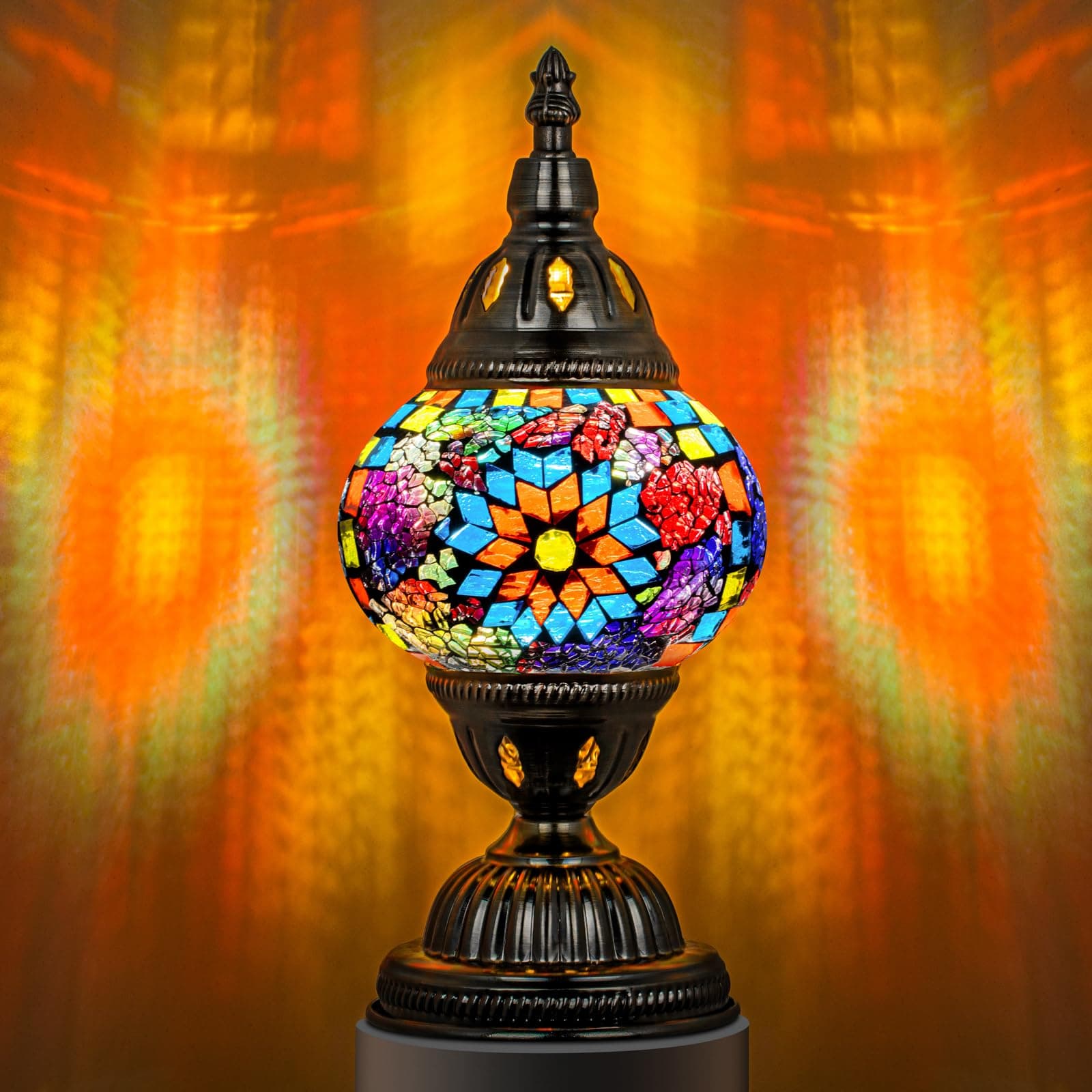 Turkish Table Lamp with Bronze Base，Handmade Colorful Moroccan Tiffany Style Mosaic Glass Night Stand Light Fixture Including LED Bulb for Living Room Bedroom Decor