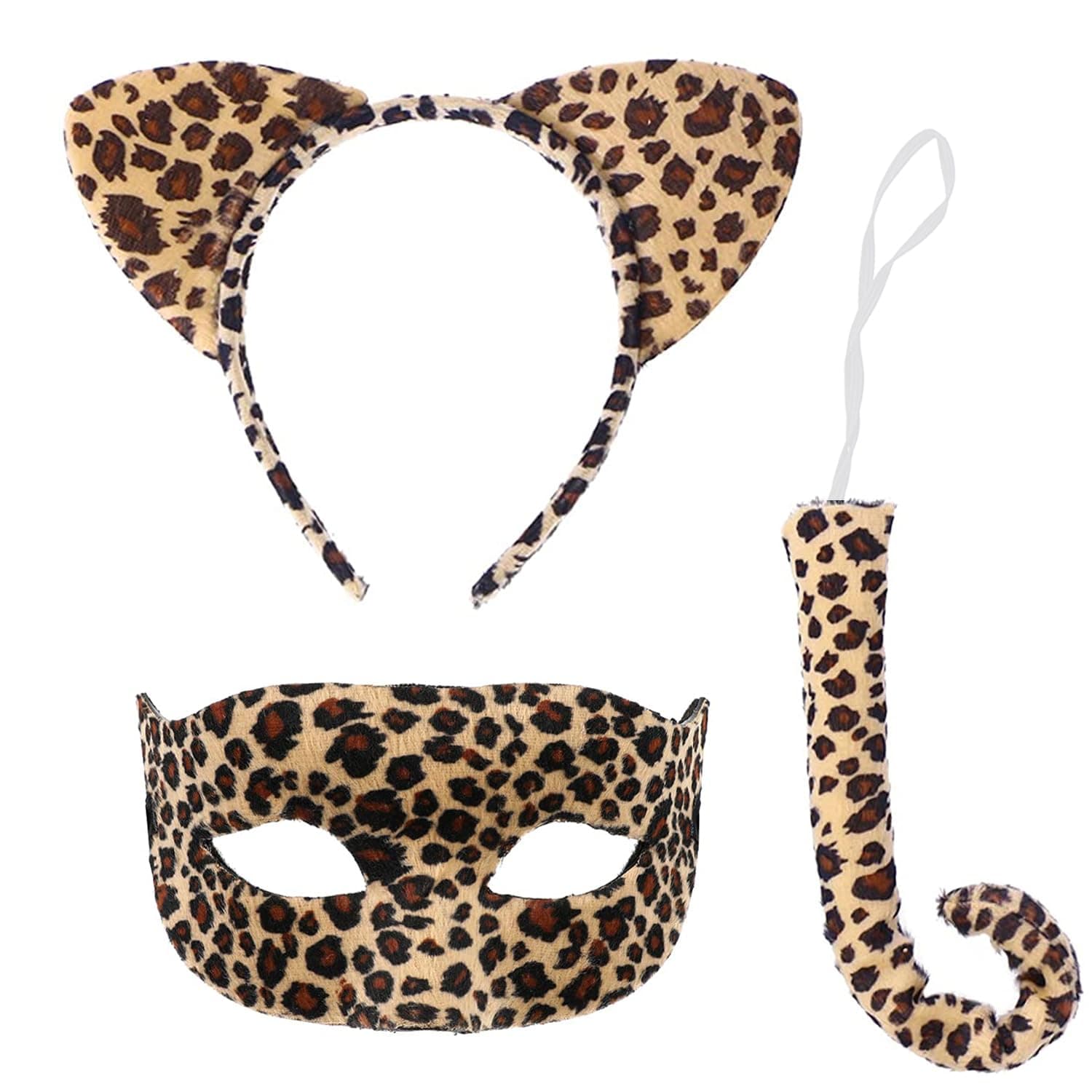 Women's Adults Halloween Cat Cosplay Accessory Set - Leopard Print Headband, Tail & Mask - Costume Accessory for Women and Adults