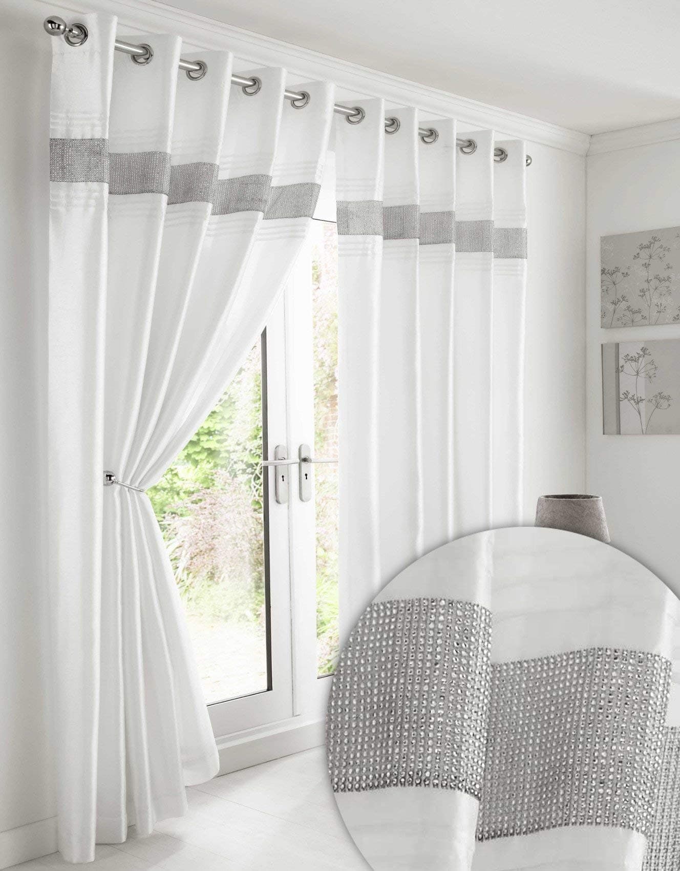 Kimberley White Faux Silk Fully Lined Ready Made 66 x 90 Inch Drop Pair Curtainswith Strips of Dazzling Diamante, White
