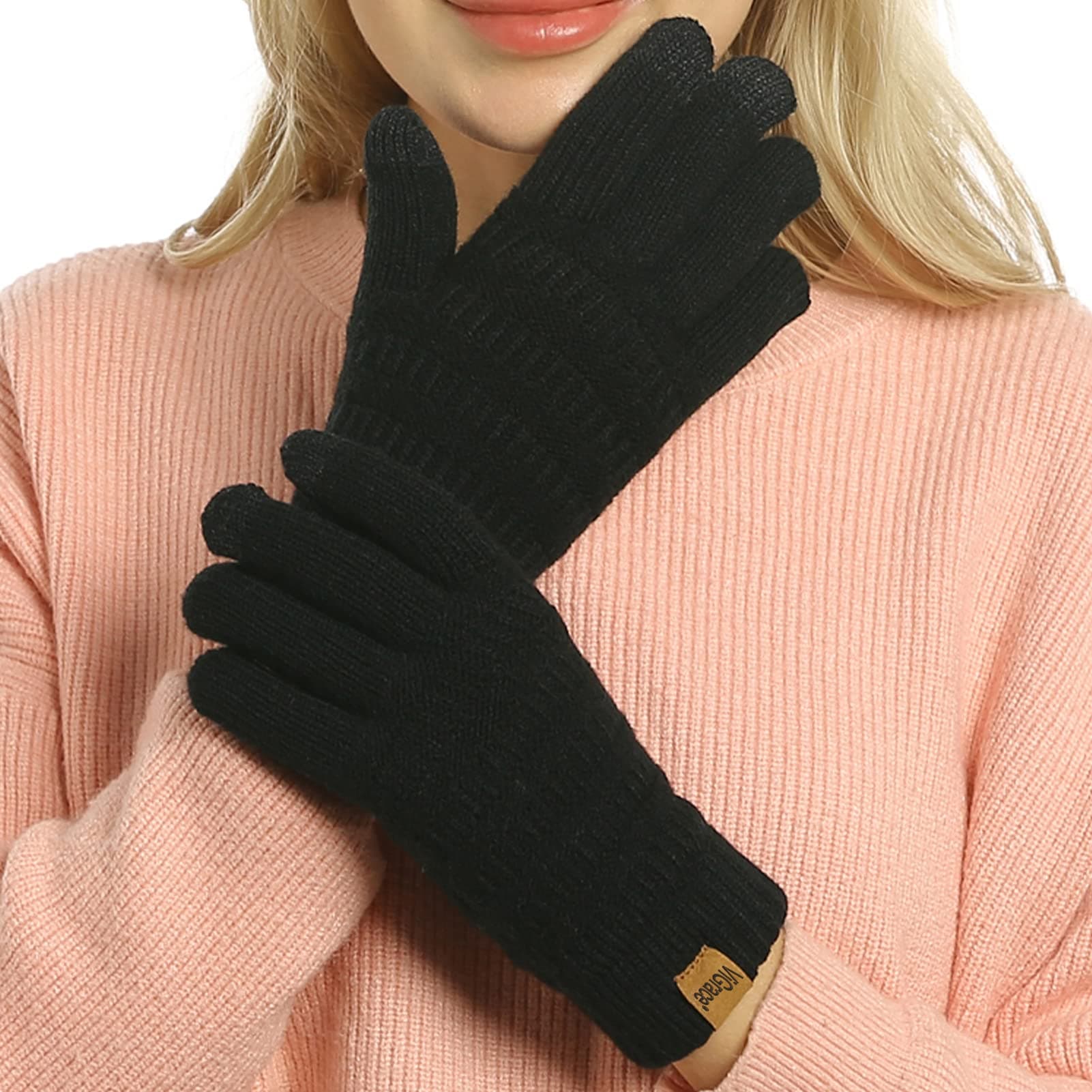 Womens Winter Touchscreen Gloves Cable Knit Warm Lined 3 Fingers Dual-layer Touch Screen Texting Thermal Glove