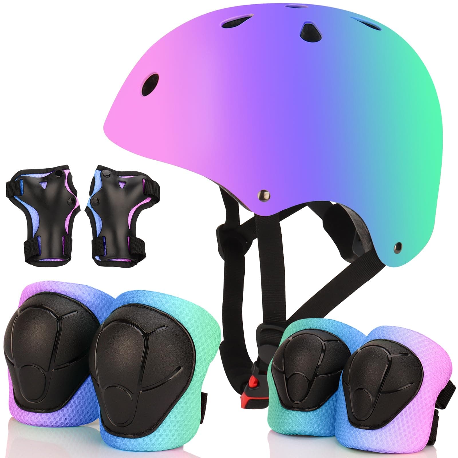 Color Gradient Adjustable Bike Helmet with Knee and Elbow Pads - Kids Toddler Boys and Girls Skateboard Helmet for Ages 3-14 | Ideal for Riding, Scooters, Inline Skating, Longboarding, Roller Skating