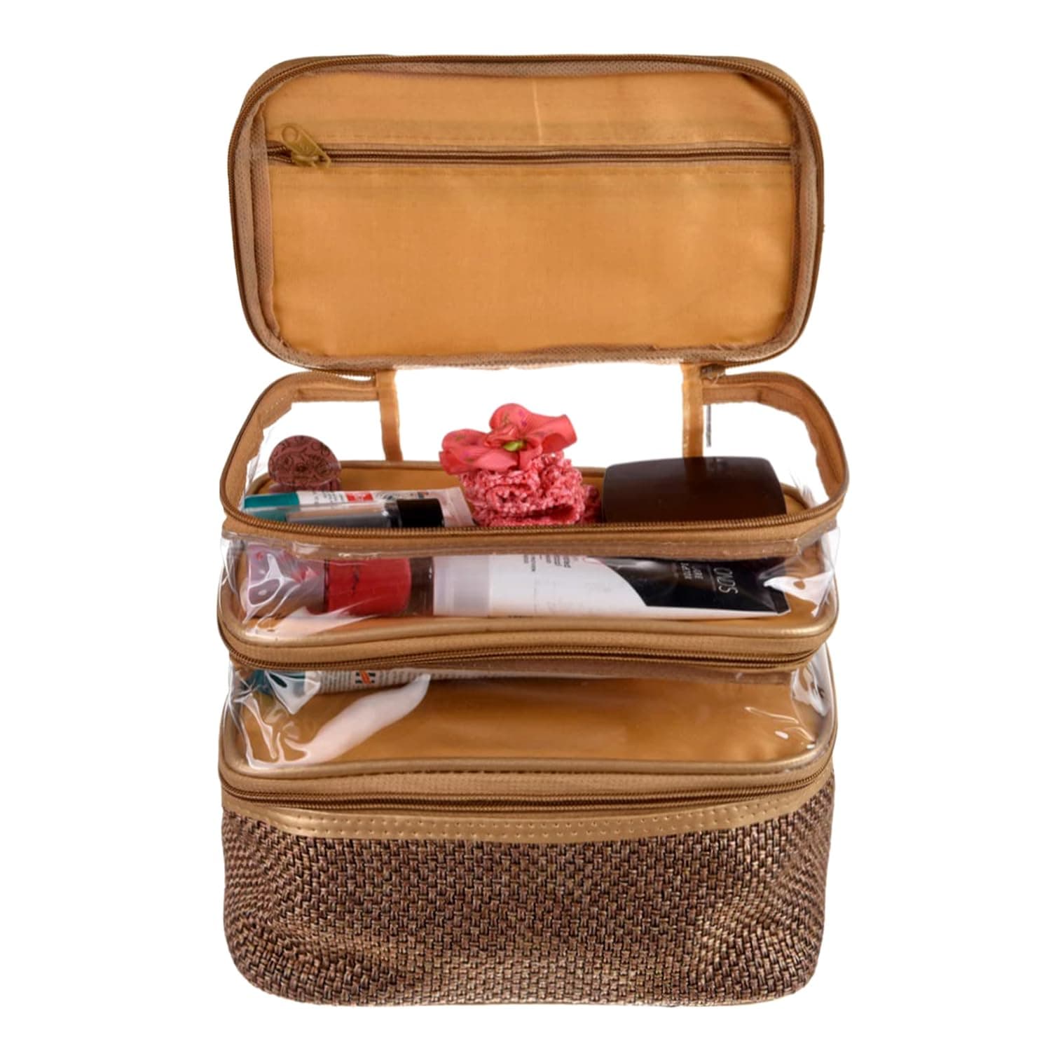 Kuber Industries Makeup Kit | Jute 3 Layer Cosmetic Kit | Antique Color Travel Kit with Clear window | Vanity Kit for Woman with Handle | Golden