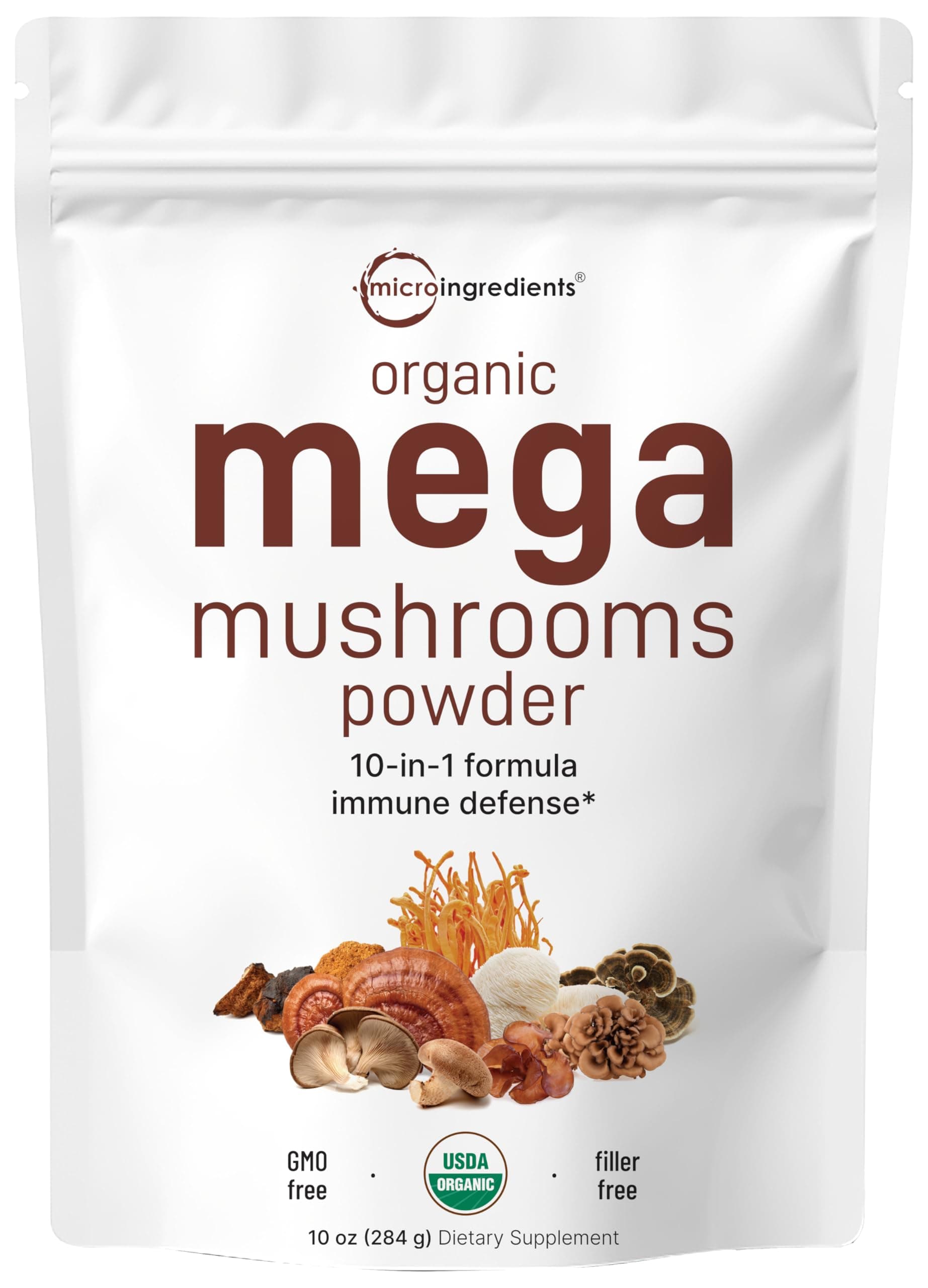 Micro Ingredients Organic Mega 10 Mushroom Complex Powder for Immune System Booster, 10 Ounce (284 Grams), Chaga Mushroom, Lions Mane, Turkey Tail, Cordyceps, Reishi Mushroom