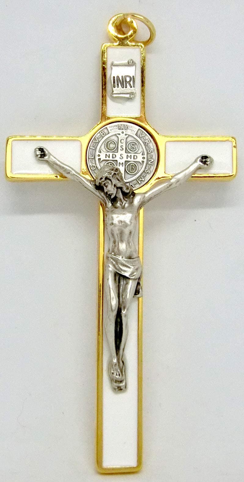 GTBITALY 10.389.11 SS Saint Benedict Cross White Hand Enameled Size 12 cm Gold with Exorcist Ring Exorcism