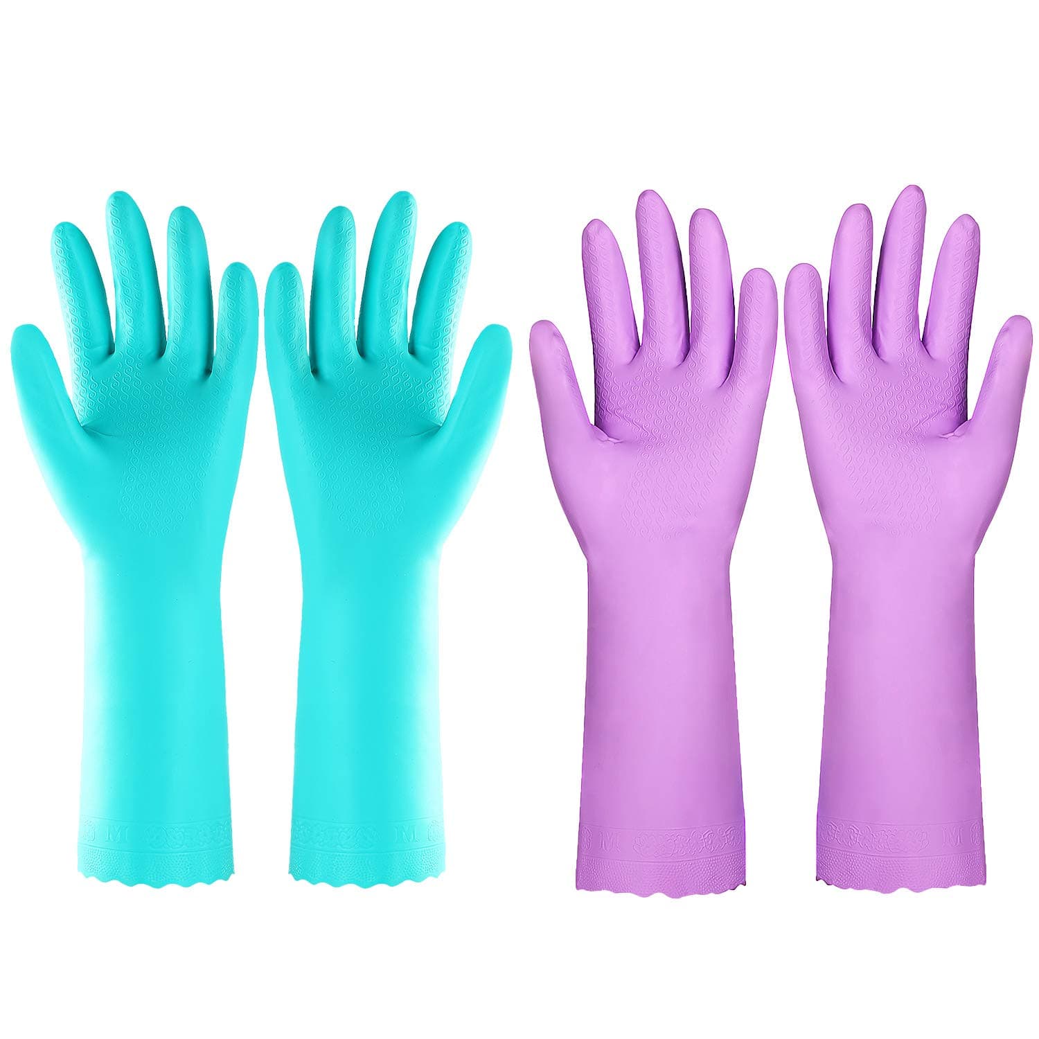 Elgood Reusable Kitchen Cleaning Gloves with Latex Free,Vinyl, Cotton Lining, Non- Slip Swirl Grip Gloves for Dishwashing 2 Pairs (Purple+Blue, Large)