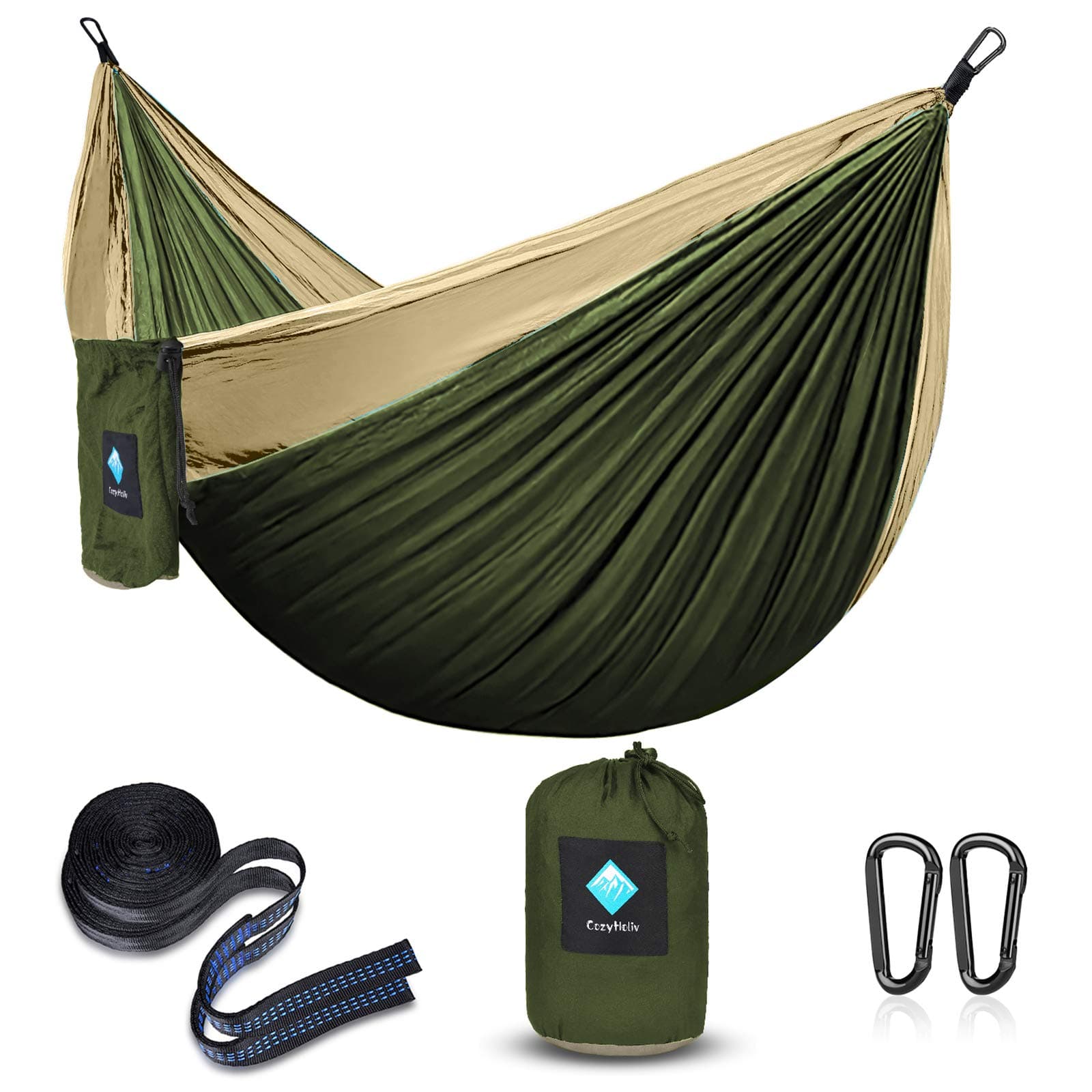 Double Hammocks, Camping Portable Parachute Hammocks for Outdoor Hiking Travel Backpacking - 210D Nylon Hammock Swing for Backyard & Garden 78''W118''L (Green/Brow - Double)