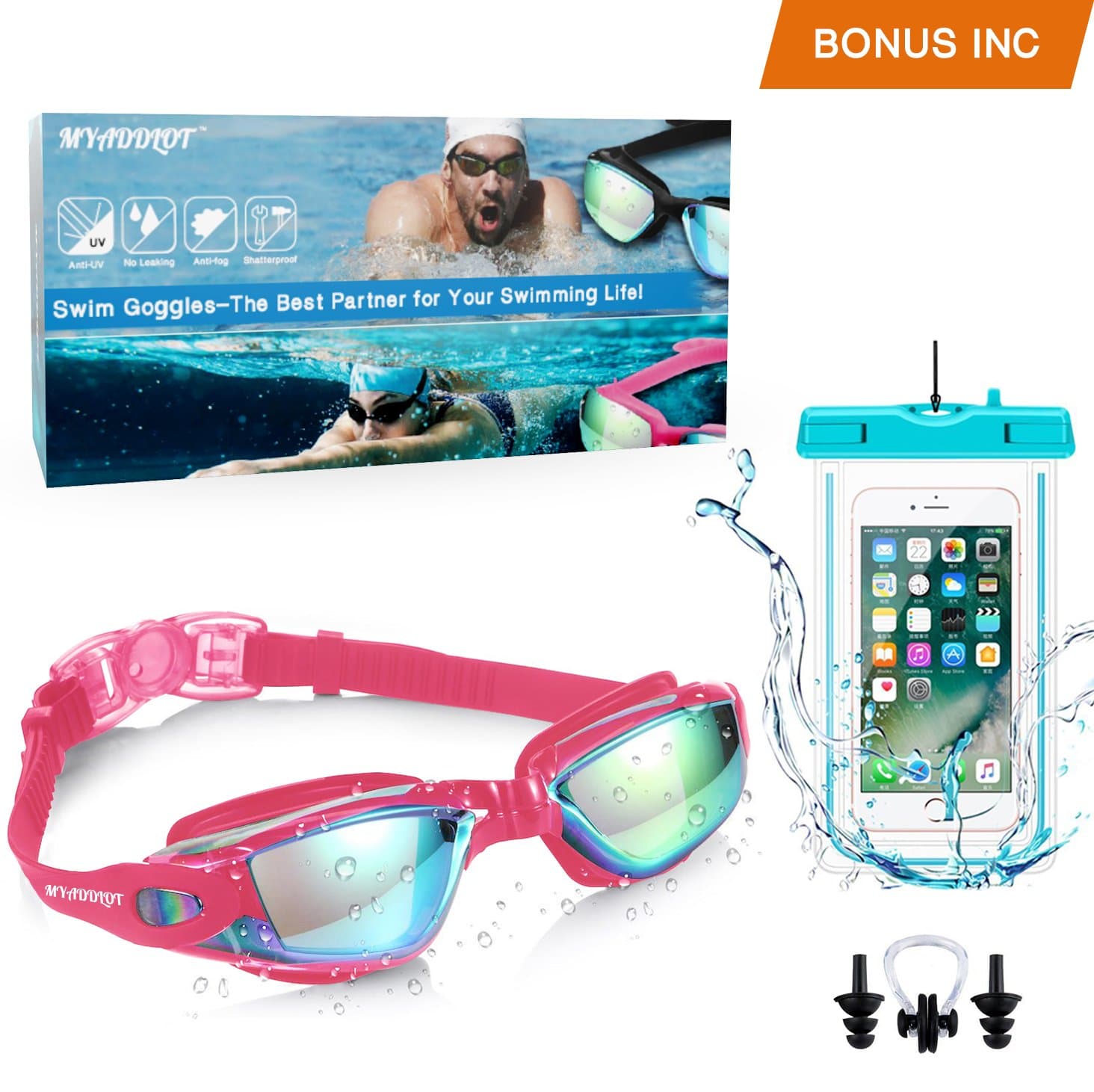 MYADDLOT 3D Ergonomic Swimming Goggles Swim Goggles Professional Anti Fog No Leaking UV Protection Wide View For Women Men Adult Youth Kids Waterproof Smartphone Case (black) (pink)