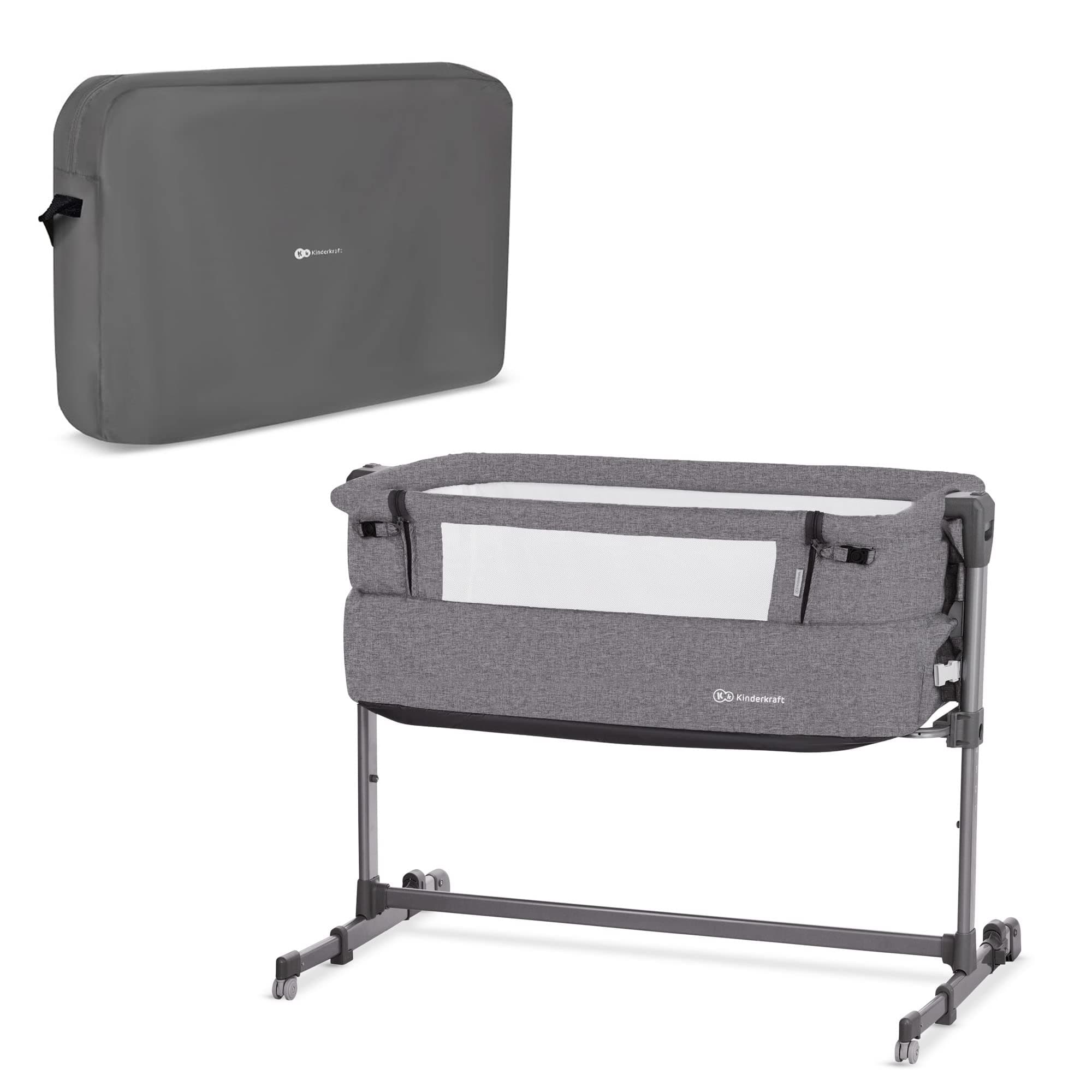 Neste UP Side Cot, Baby Beds, Extra Bed, Children's Travel Cot, 2-in-1, Height Adjustment, with Accessories, Mattress, Lightweight Construction 9 kg, Melange Grey
