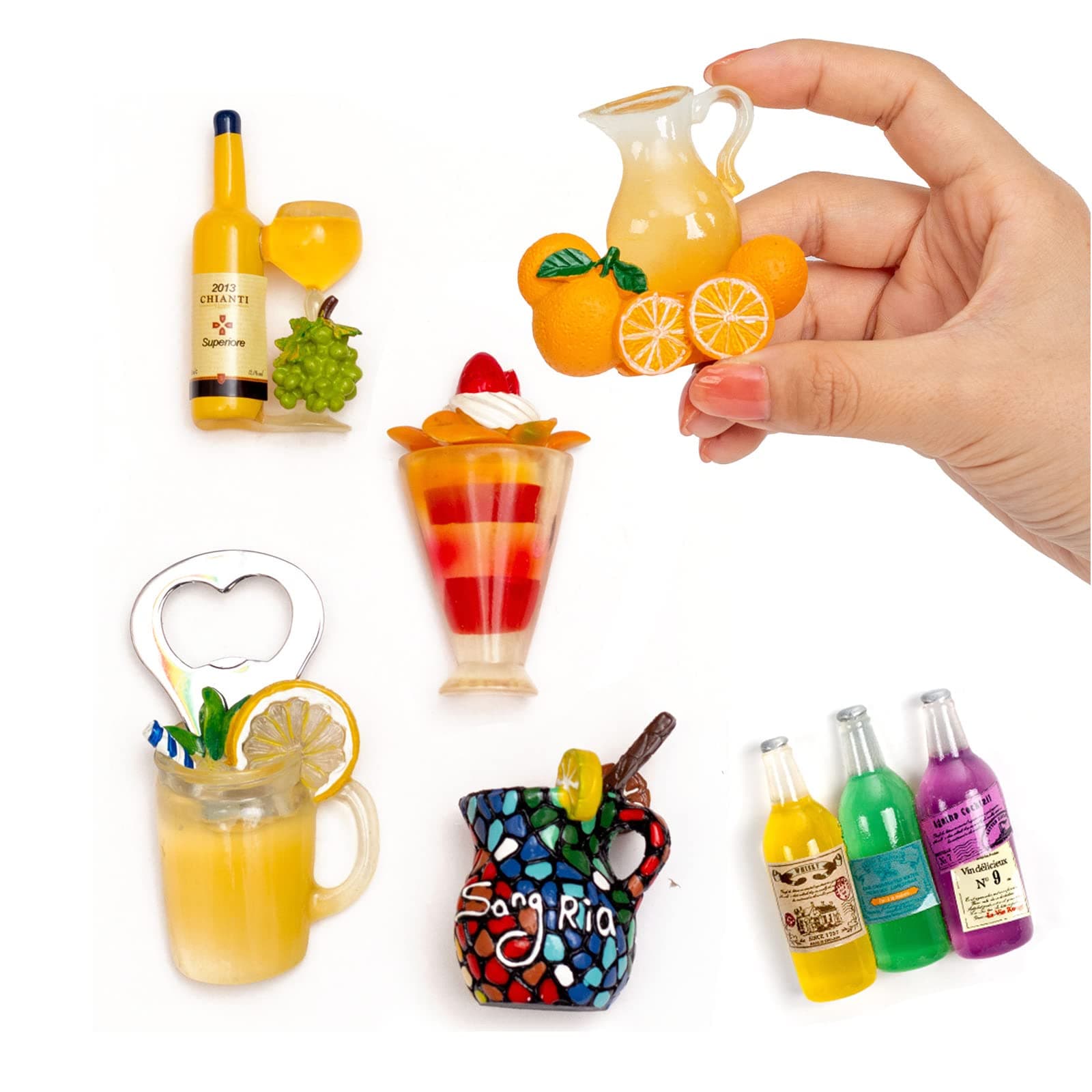 6-Pack Fruit Juice Fridge Magnets 3D Resin Magnet Refrigerator Stickers Champagne Bottle Opener Juice Cup Wine Glass for Refrigerators, Whiteboards, Maps and Other Magnetic Items.