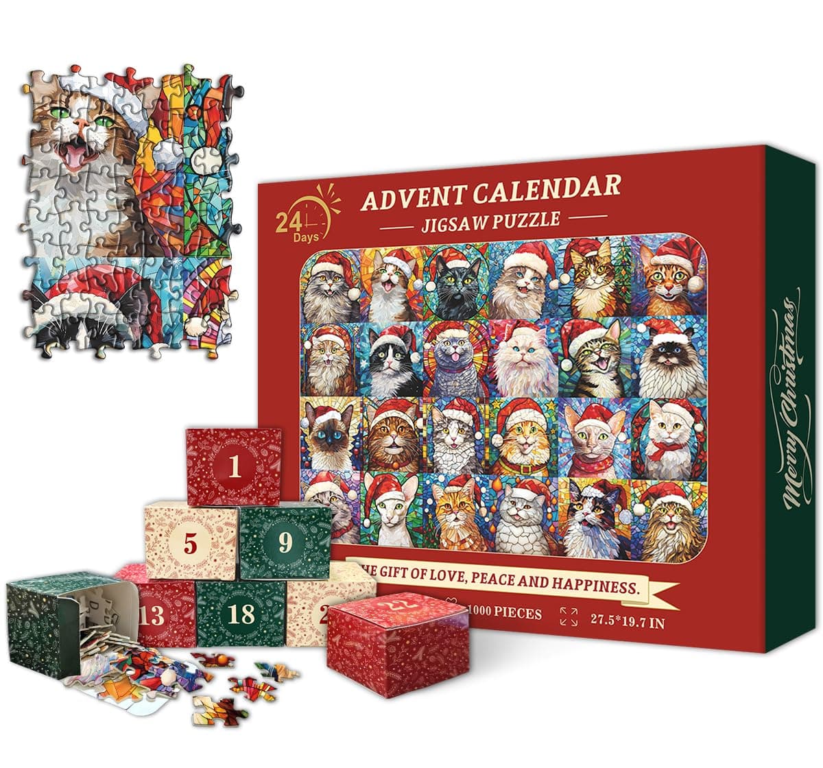 PICKFORUChristmas Advent Calendar 2024 Puzzles for Adults 1000 Pieces, Cat Mosaic Stained Glass Puzzle Countdown Calendar, Colorful Animal Christmas Jigsaw Puzzles as Home Decor