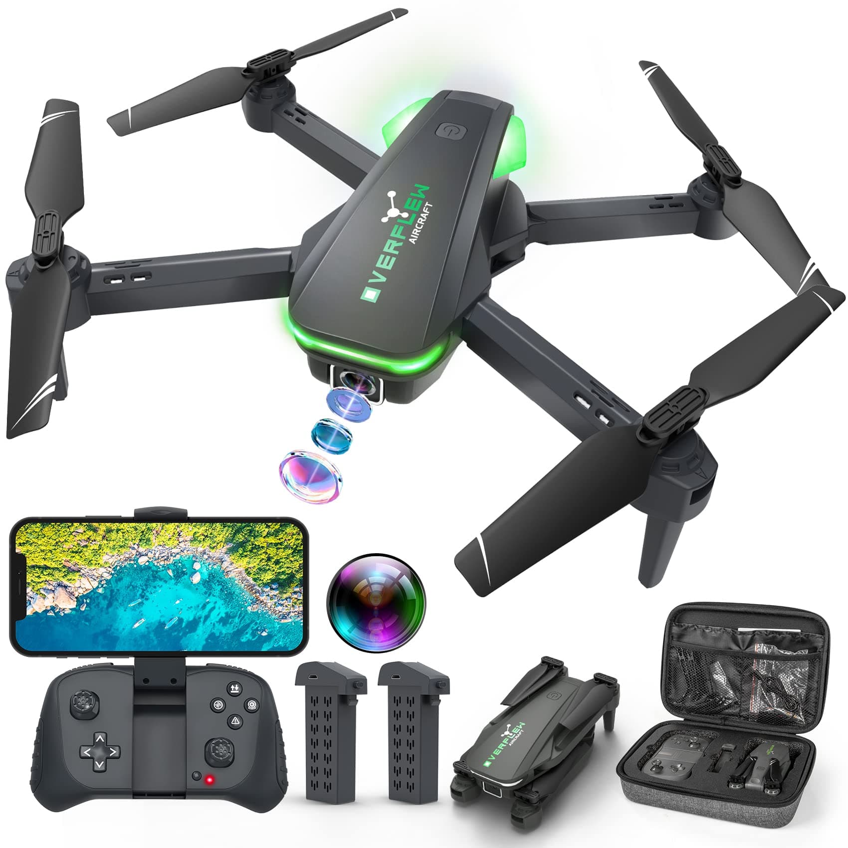 Drone with 1080P Camera for Beginners and Adults, Foldable Remote Control Quadcopter with Voice Control, Gestures Selfie, Altitude Hold, One Key Start, 3D Flips, 2 Batteries, Toy for Beginners
