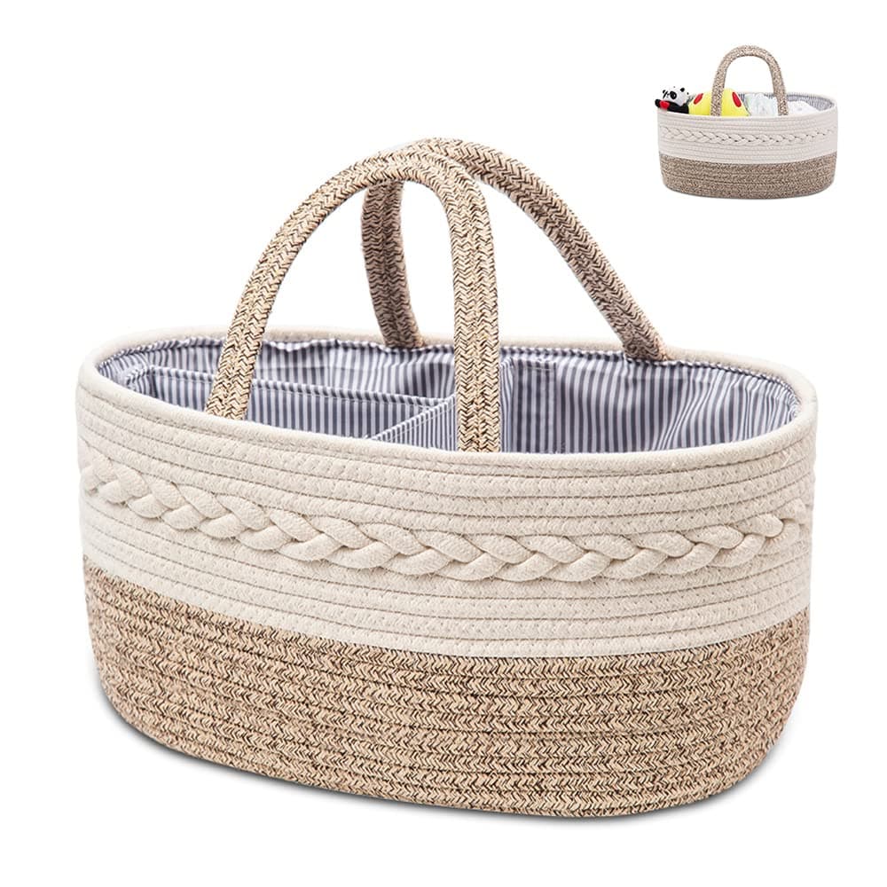 Baby Diaper Caddy Organizer, Woven Rope Cotton Nursery Storage Basket, Portable Handle With Large Changing Compartment Bins, Cream Beige