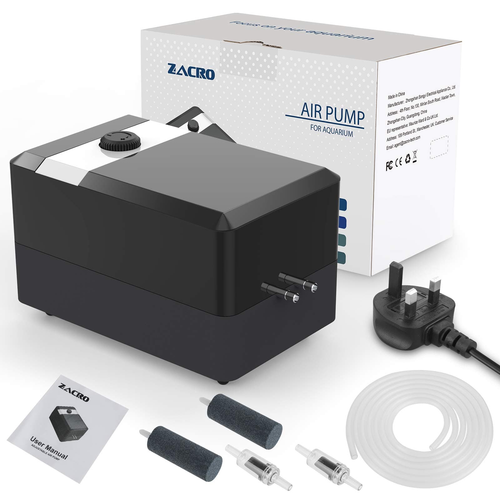 Zacro Aquarium Air Pump - Ultra Silent Oxygen Pump with Dual Outlet Adjustable Air Valve, Air Volume 2 * 5L/min 6 W, Up to 130 Gallon Tank