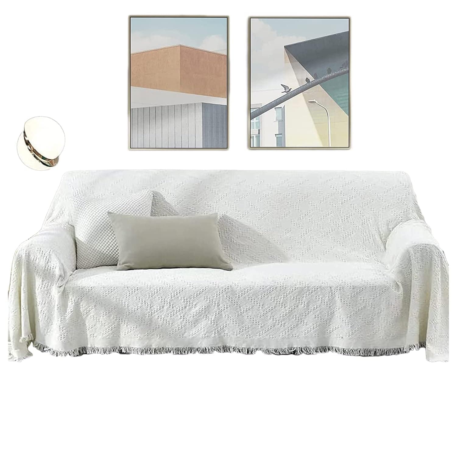 Tiny Alpaca Sofa Couch Cover Geometrical Jacquard Sofa Cover Couch Covers for 3 Cushion Sofa Towel Fabric Sofa Blanket Shawl with Tassels Soft for Sofa Bedding Living Room Decoration 180x260cm White