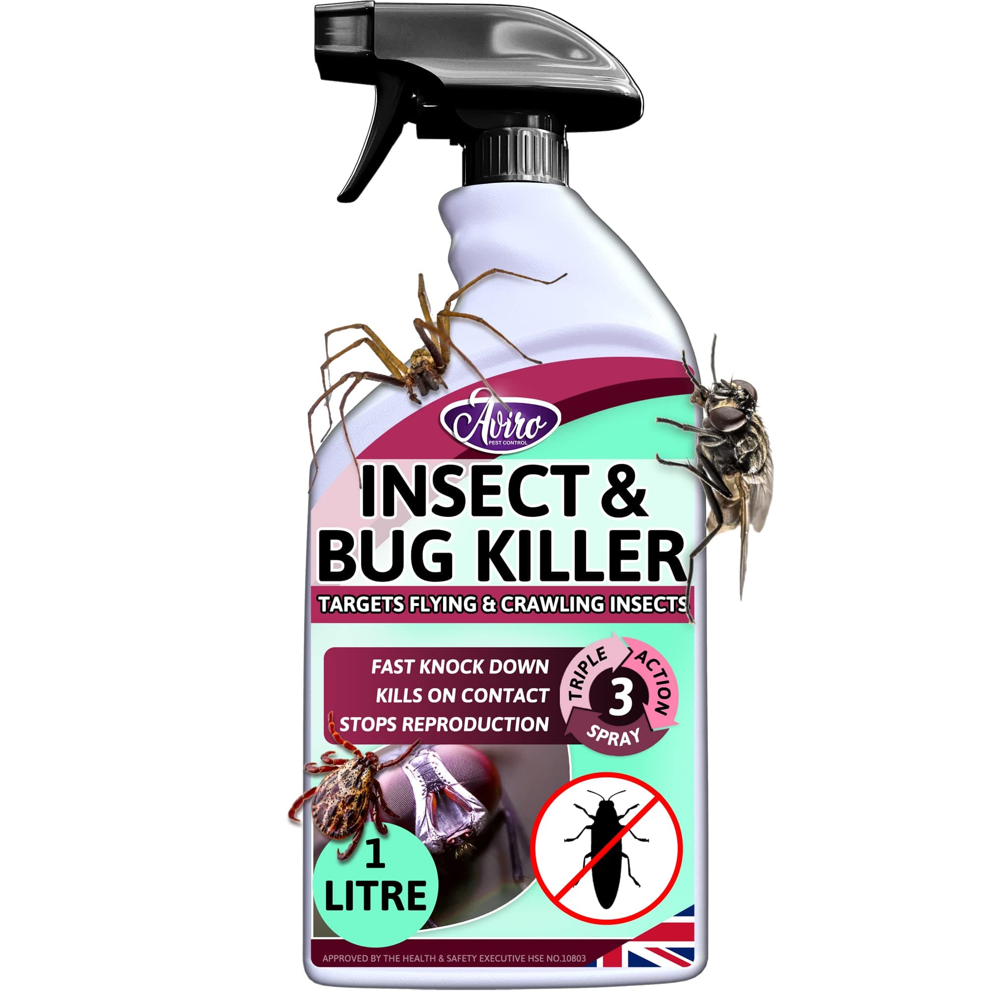 Aviro Bug & Insect Killer Spray - Targets Flying & Crawling Insects Inc Ants, Cockroaches, Beetles, Fleas, Mites, Spiders, Silverfish & Wasps. Professional Insecticide Bug Spray For The Home. 1 Litre