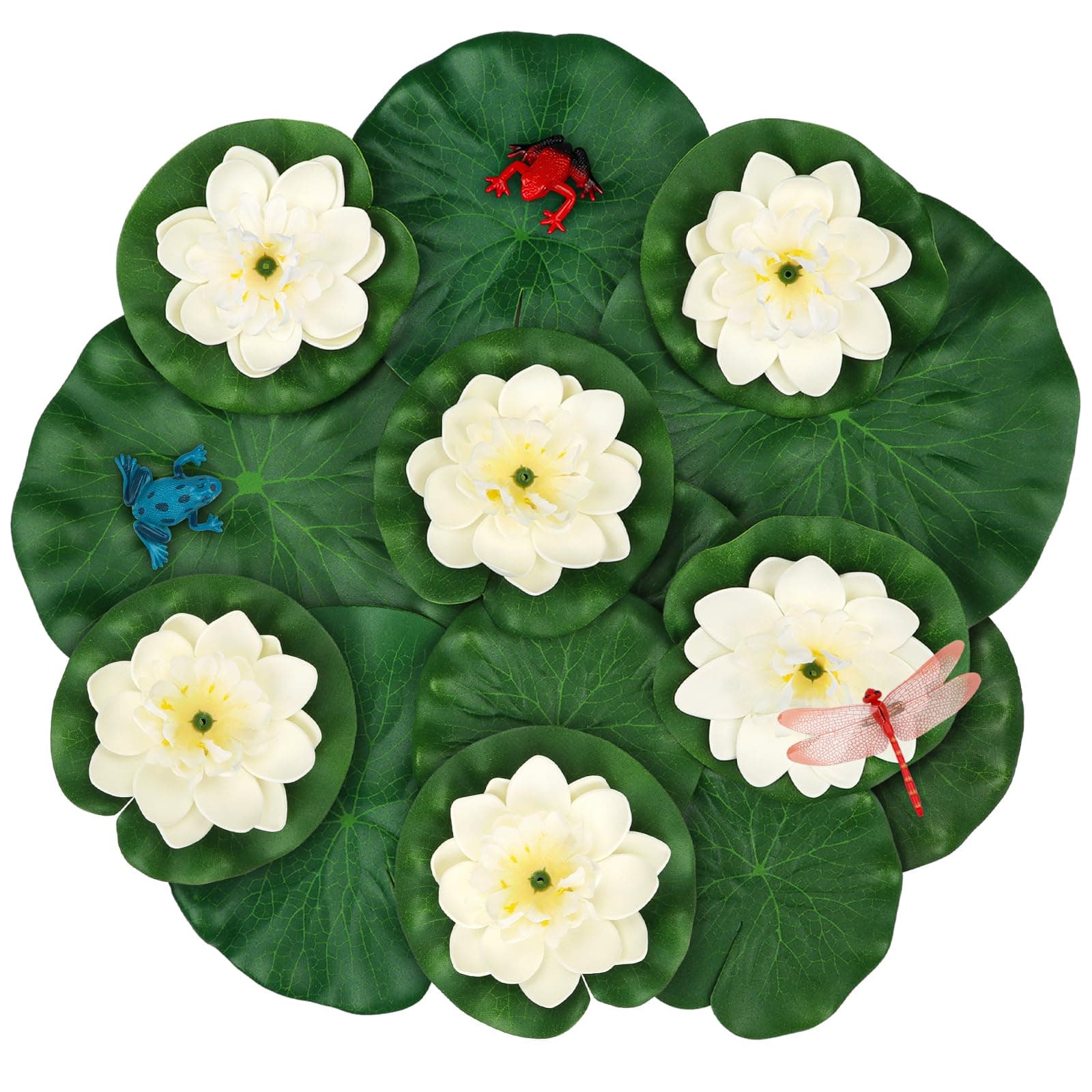 16pcs Artificial Floating Pool Flowers Foam Lotus Floating Lotus Flowers for Pool Artificial Lotus Flower with Plastic Frog Lily Pads Artificial Lily Pads for Pond Aquarium Decoration