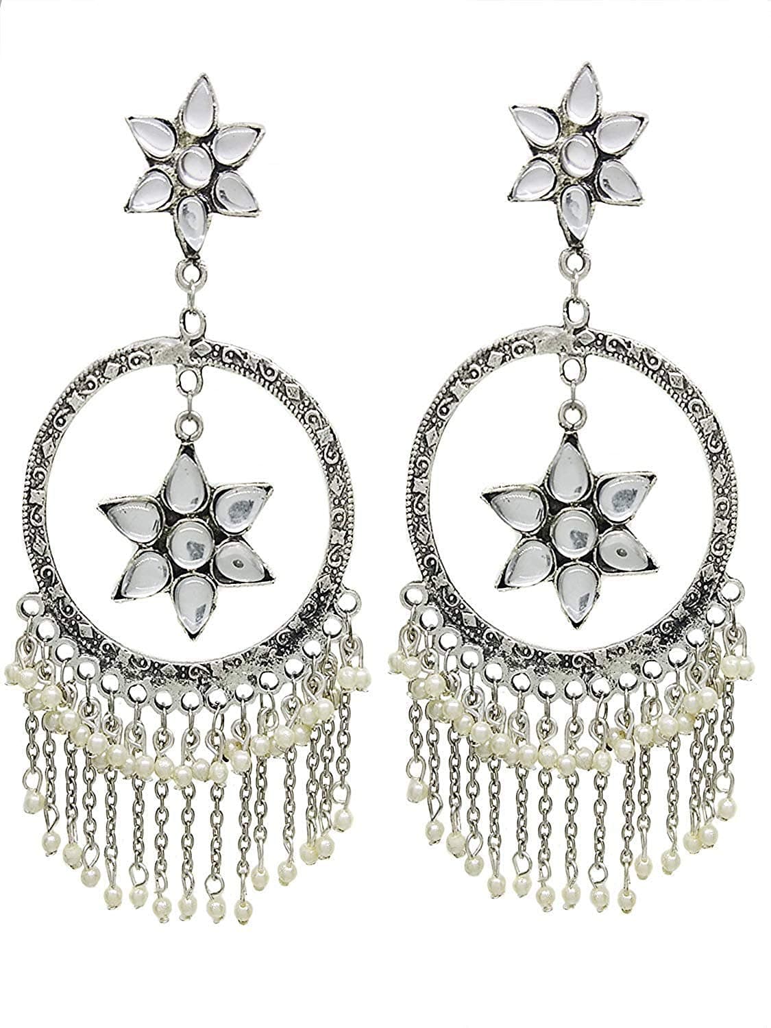 Trifty Kriti Sanon Inspired Beautiful Oxidised Silver Toned Handcrafted Chandbali Large Long Earring For Women & Girls