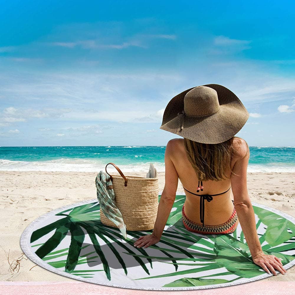 MINILIFE Green Leaf Beach Towel Adult, Ultra Soft, Sand Free Towel (59in Extra Large Round Beach Towel Blanket) Use Bath/Pool/Beach Times