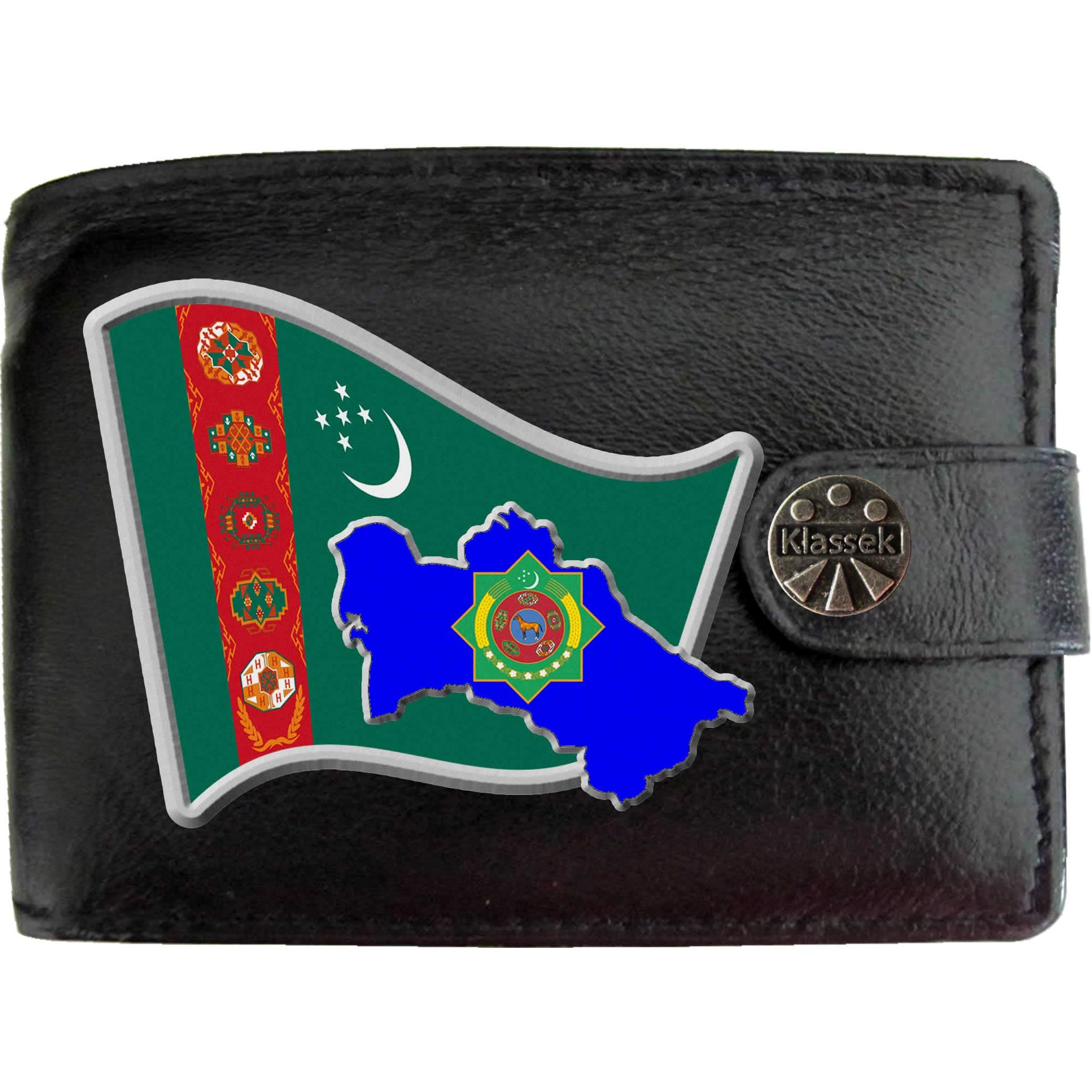 Klassek Turkmenistan Flag Turkmen Map and Coat of Arms COA Mens Wallet Real Black Leather RFID Blocking with Coin Pocket and Metal Gift Box