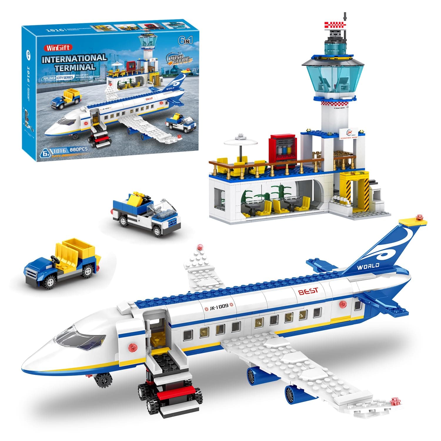 880 Pcs City Airport Passenger Terminal Building Set, 6 IN 1 Airplane Building Blocks Toy, STEM Aircraft Bricks with Shuttle Bus,Luggage Cart,Planes Model Toys Gifts for Adults Boys Ages 6-12+