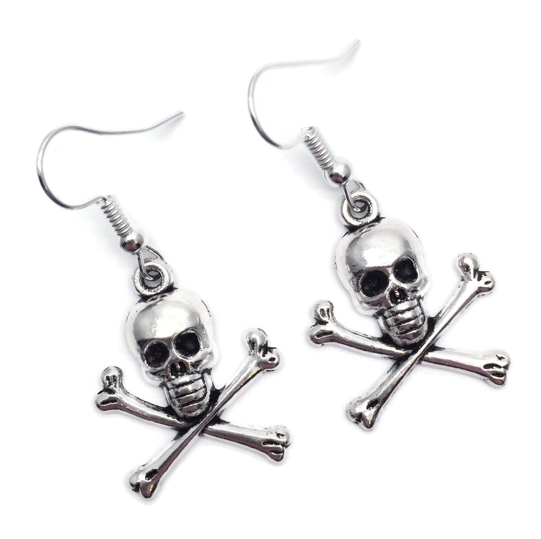Skull and Crossbones Charm Earrings, Tibetan Silver Charms on Nickelfree Hooks : 40mm long, Fun Halloween Fancy Dress Jewellery, Spooky Skeleton Drop Earrings