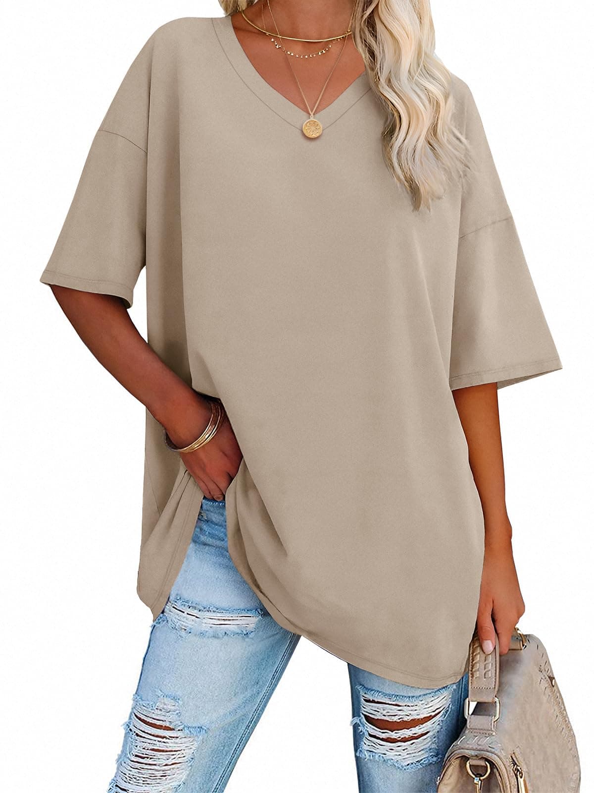 - Womens Oversized Shirts V Neck Plus Size Spring Workout Summer Tops Beach Vacation 2026 Gym Clothes Basic Tee