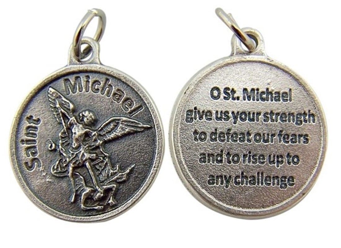 Silver Toned Base Catholic Saint Medal with Prayer Protection Pendant, 3/4 Inch