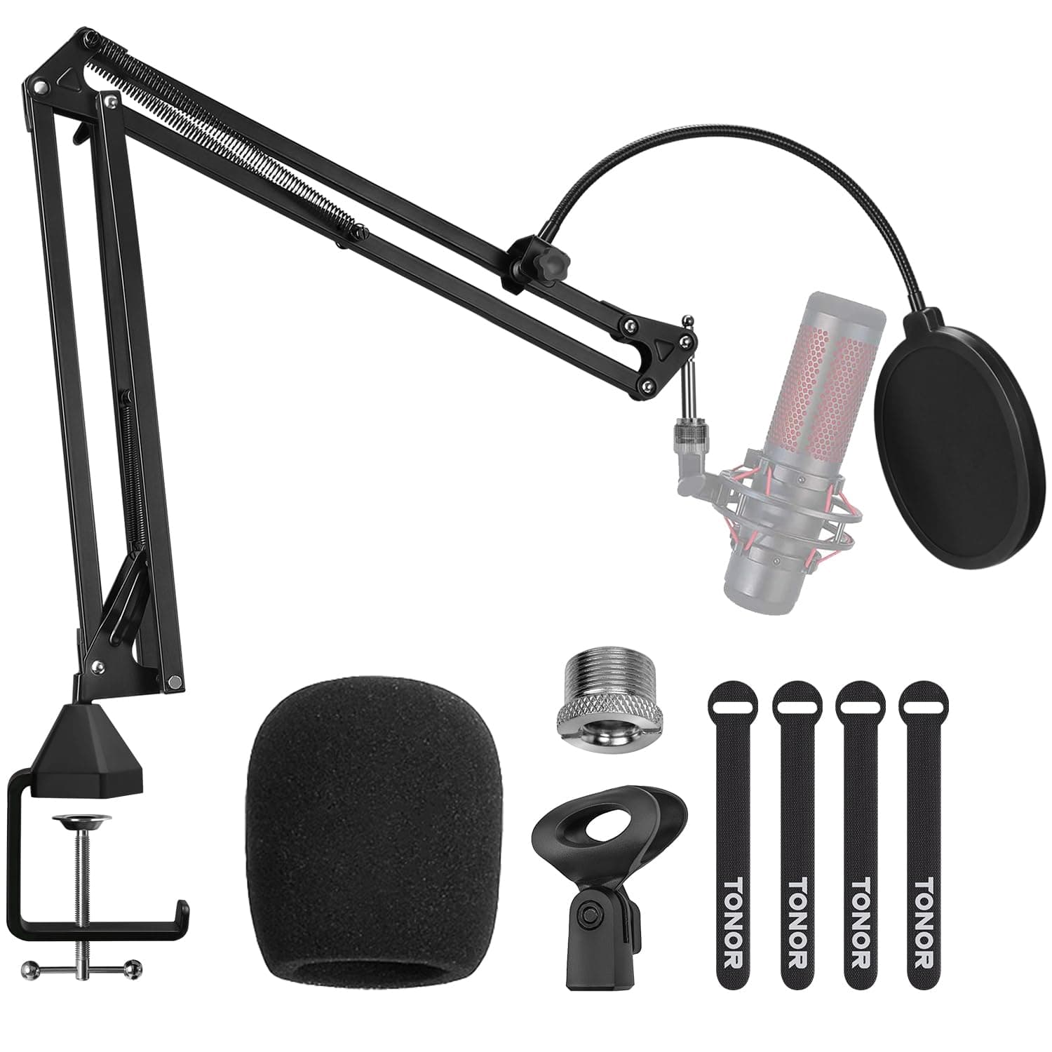 TONOR Microphone Arm Stand, Adjustable Suspension Boom Scissor Mic Stand with Pop Filter, 3/8" to 5/8" Adapter, Excellent Compatibility, Mic Clip, Upgraded Heavy Duty Clamp T20