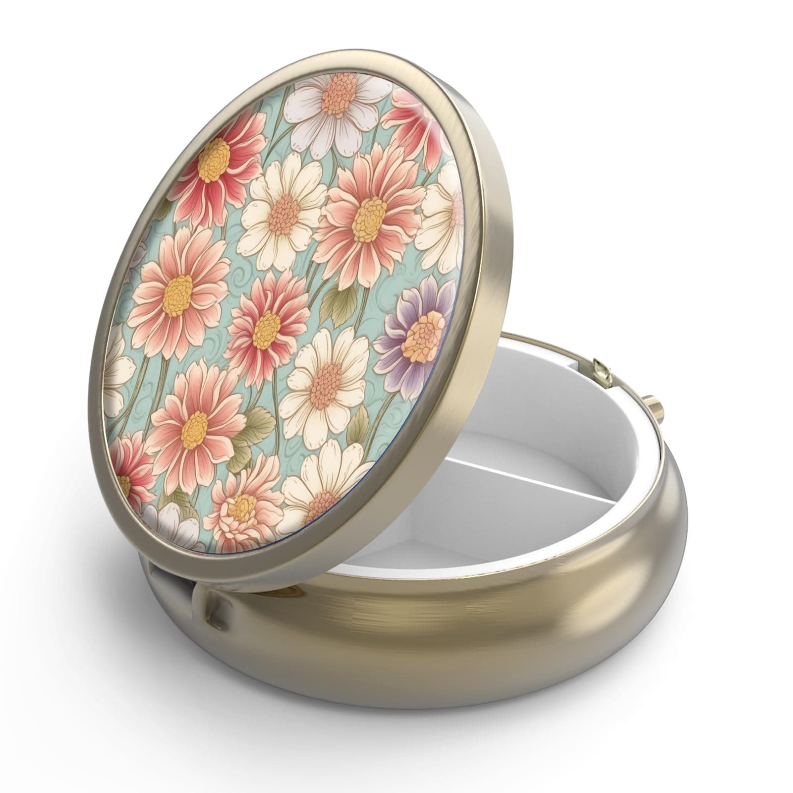 Hion Pill Case Pill Box with Mirror Retro 3 Compartment Small Pill Organizer for Purse or Pocket Bronze Small Roud Pill Box or Vitamins, Fish Oil, Supplements, Pill Containe Travel Gifts（Retro Floral）