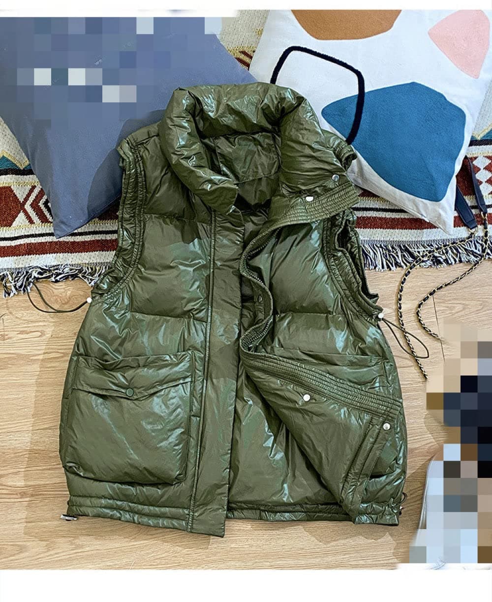 KHJH Womens Gilet, Down Padded Gilet Ladies Green Glossy Drawstring Transition Vest Winter Sleeveless Jacket Quilted Vest Elegant Warm Vest Women Winter Puffer Vest Office Home