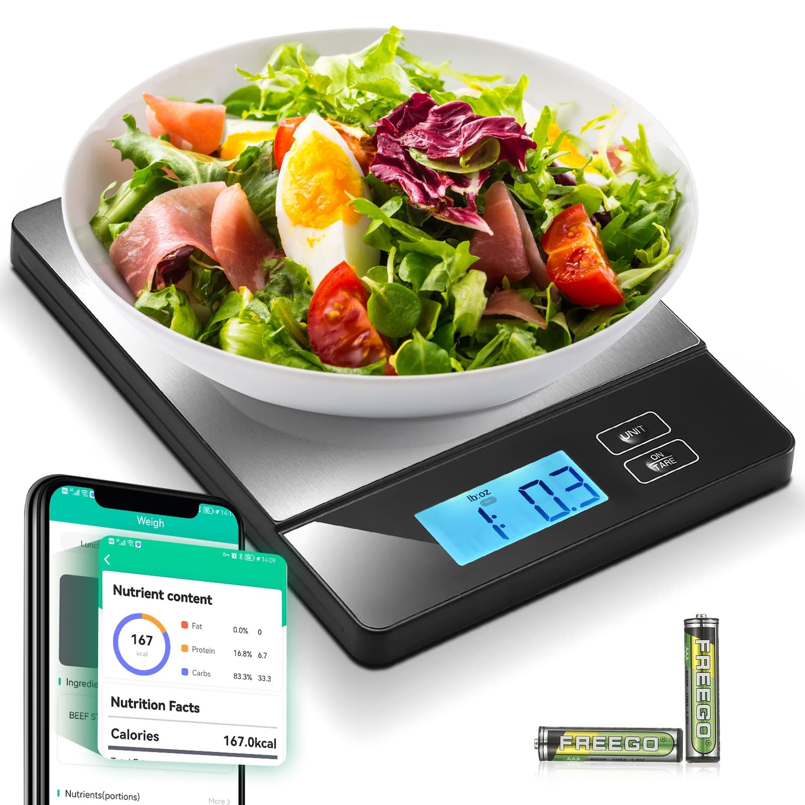 URAMAZ Smart Food Scales for Kitchen, Stainless Steel Digital Food Scale Grams and Ounces with Nutritional Calculator App, Food Weight Scale for Weight Loss, Calorie, Diet, Meal Prep 0.1oz / 11lb