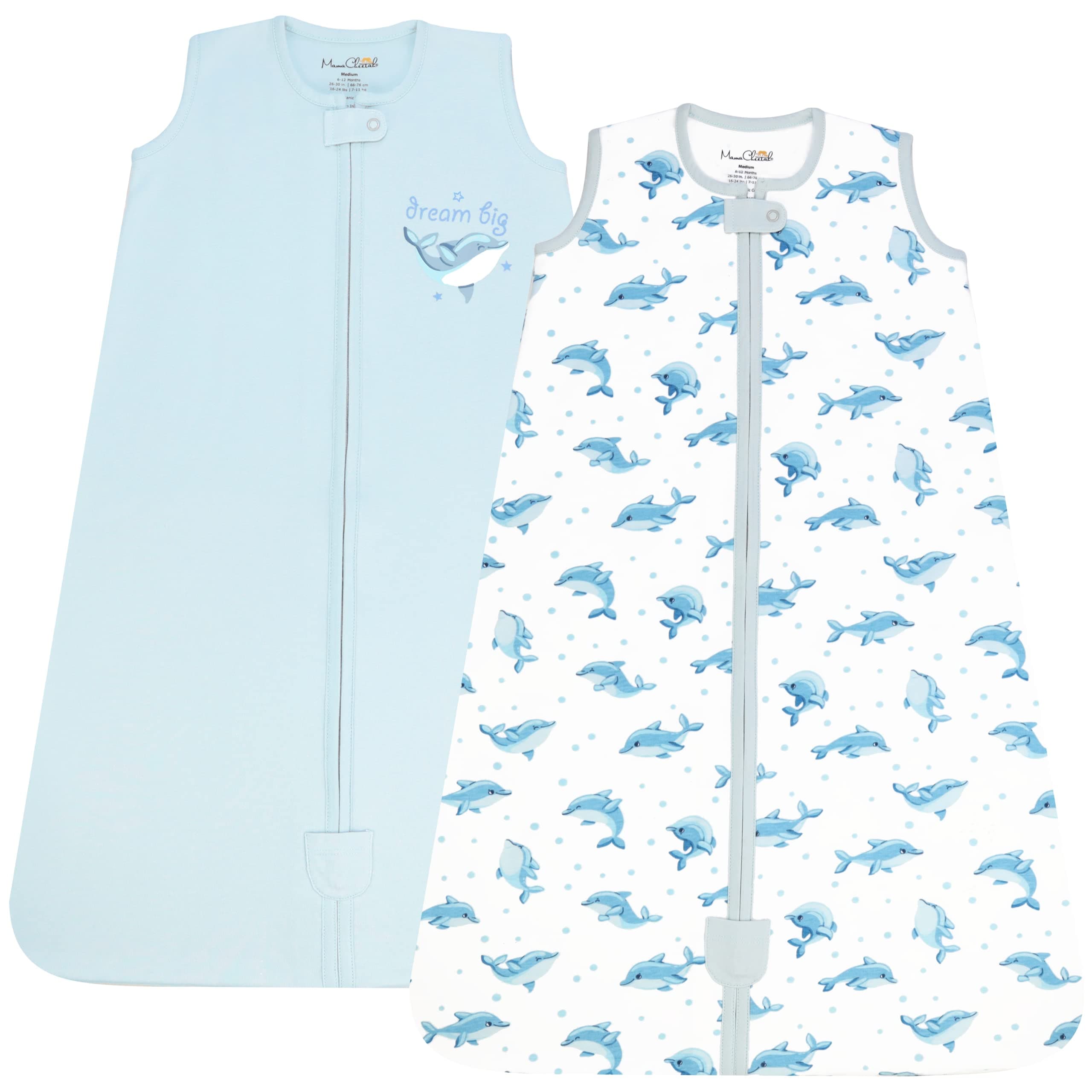 Baby Wearable Blanket, 0.5 TOG Organic Cotton Sleep Bag, Swaddle Transition Sleeping Sack with 2-Way Zipper, X-Large (18-24 Months), 2-Pack Dolphins