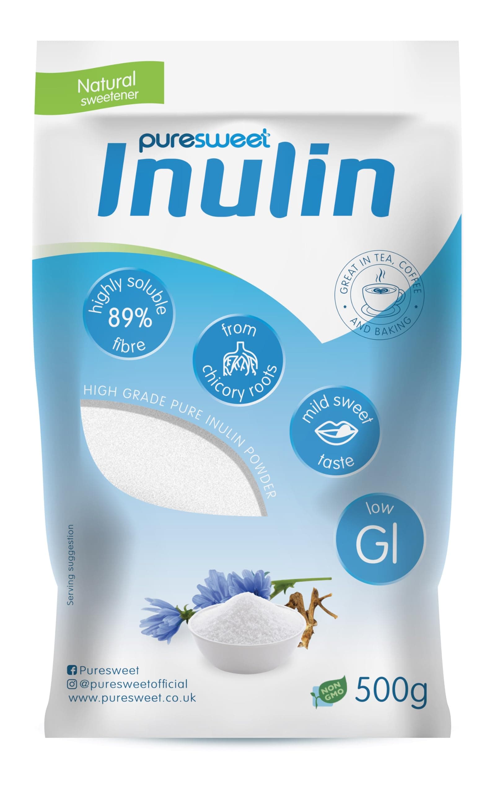 Puresweet® Premium Inulin Prebiotic Fibre Powder 500g - Chicory Root, Non GMO, Highly Soluble, Made in The EU, Fructo Oligosaccharide (FOS), Gluten Free, Vegan.
