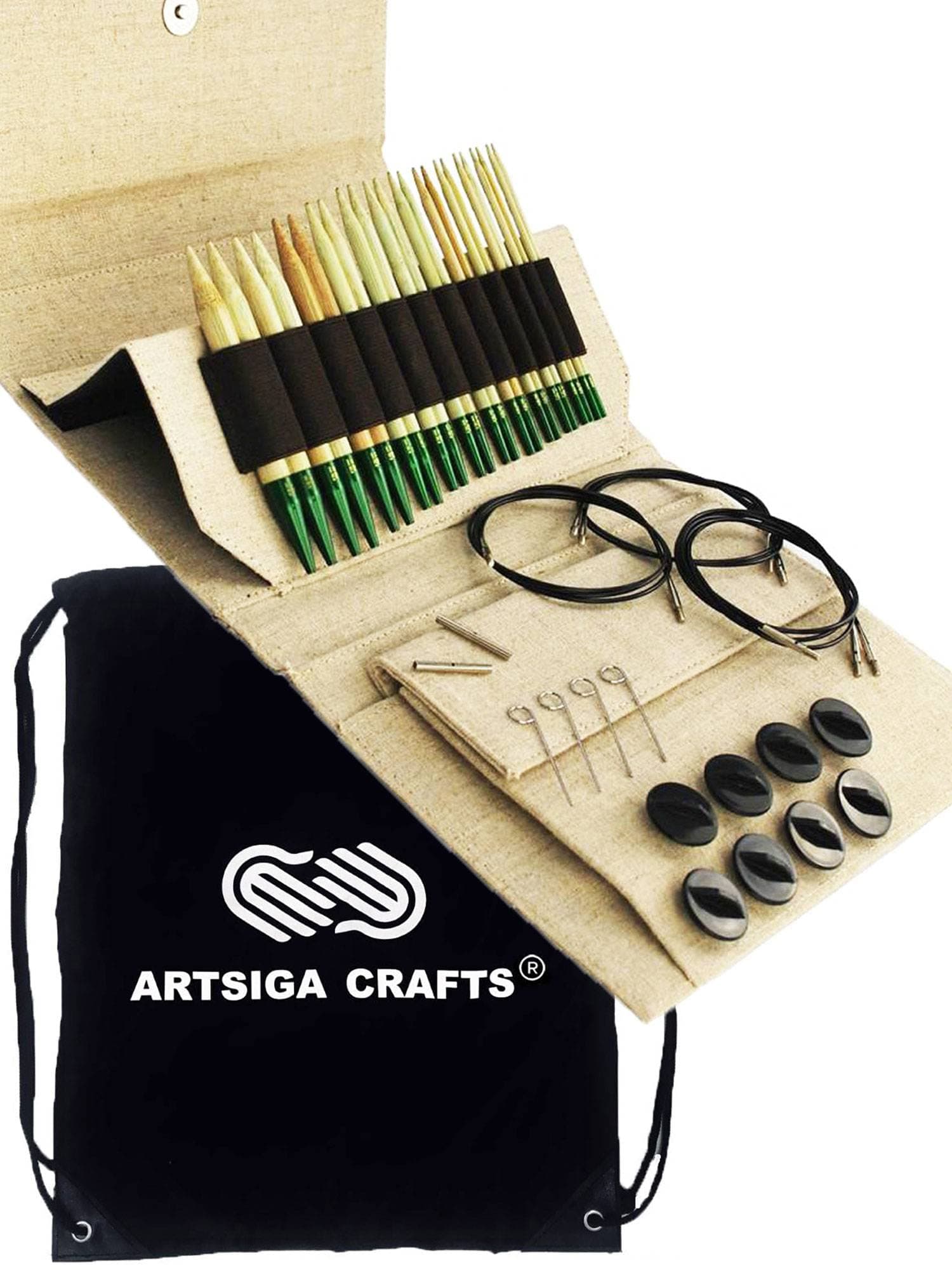 Lykke Grove 5 in. Complete Set US Sizes US 3, 4, 5, 6, 7, 8, 9, 10, 10.5, 11, 13, 15 Interchangeable Circ. Knitting Needles for DK, Worsted, Chunky Yarn, Bamboo, 5 Cords, Beige JU Case, Project Bag