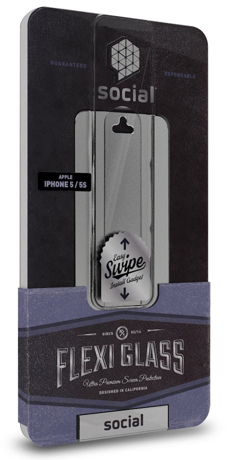 SOCIAL Flexi-Glass Screen Protector with Easy Swipe Install Kit for Apple iPhone 5 / 5s - Retail Packaging - Clear
