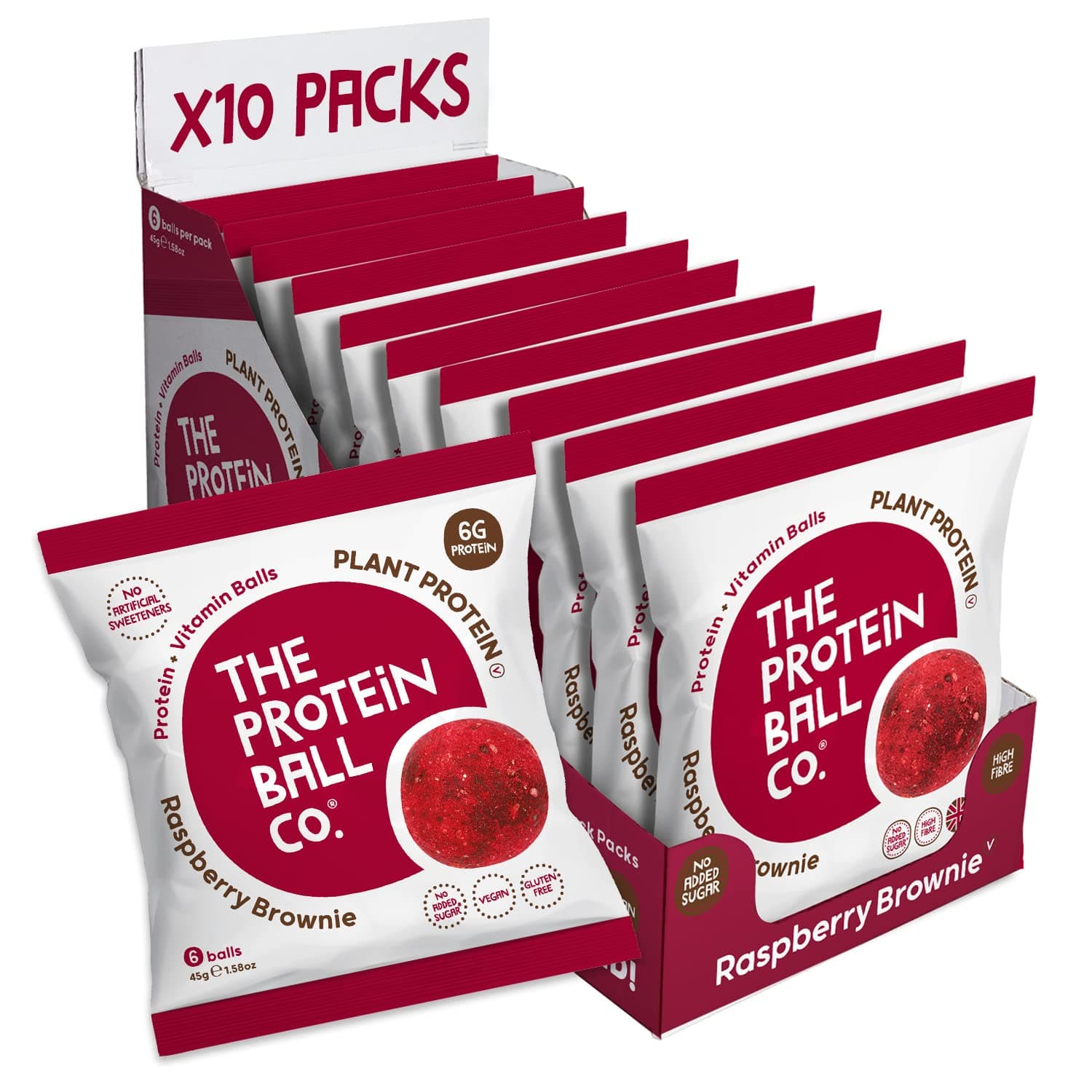 Protein Balls Raspberry Brownie Flavour by The Protein Ball Co - 100% Natural, Plant Based, Vitamin Enriched, Protein Snacks - 10 x 45g Bags - High Fibre, Gluten Free, No Artificial Sweeteners