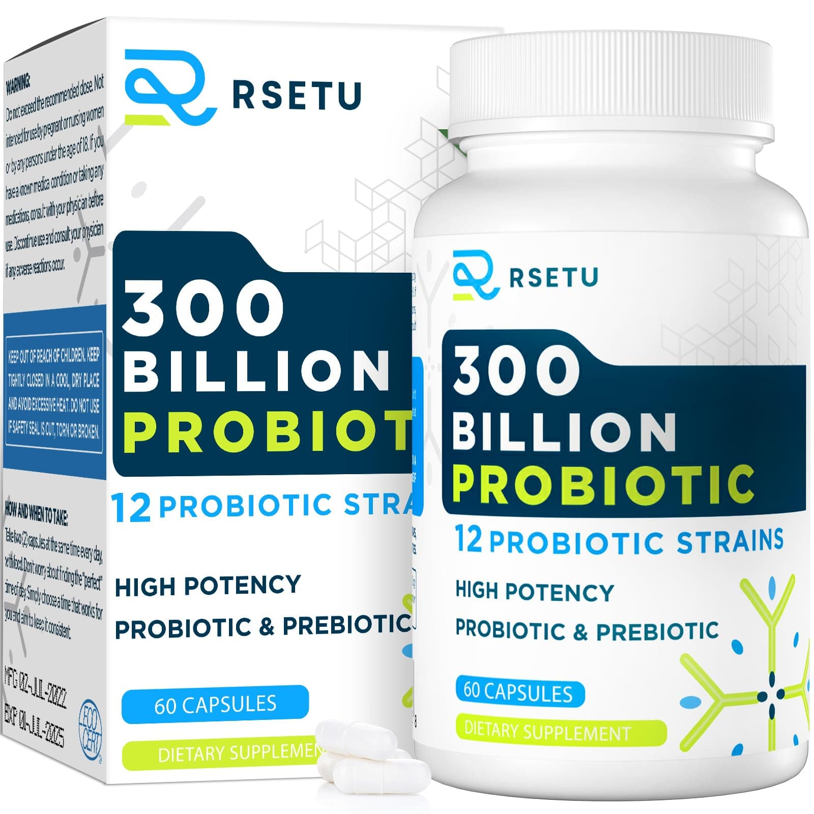 Probiotics for Women Men: 300 Billion CFU Probiotic High Potency + 12 Strains Organic Probiotics with Prebiotics, Daily Probiotic Supplement for Digestive, Gut, Immune and Bloating Health, 60 Capsules