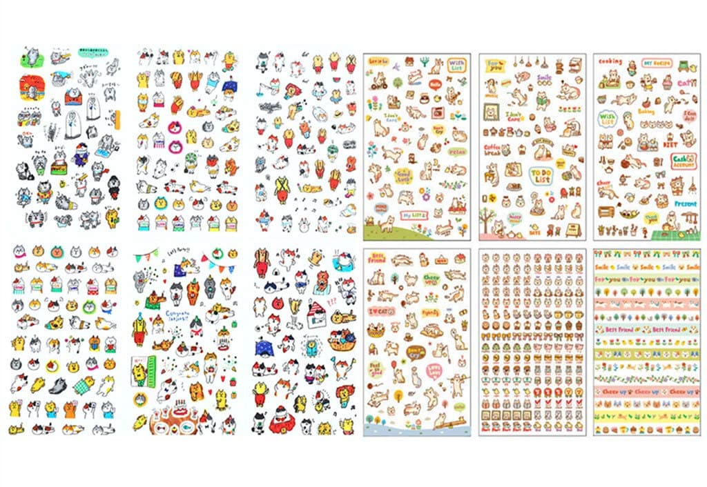Scrapbook Sticker,12 Sheets Kawaii Cartoon Cat Charactor DIY Transparent Decorative Paster Ornament Mark