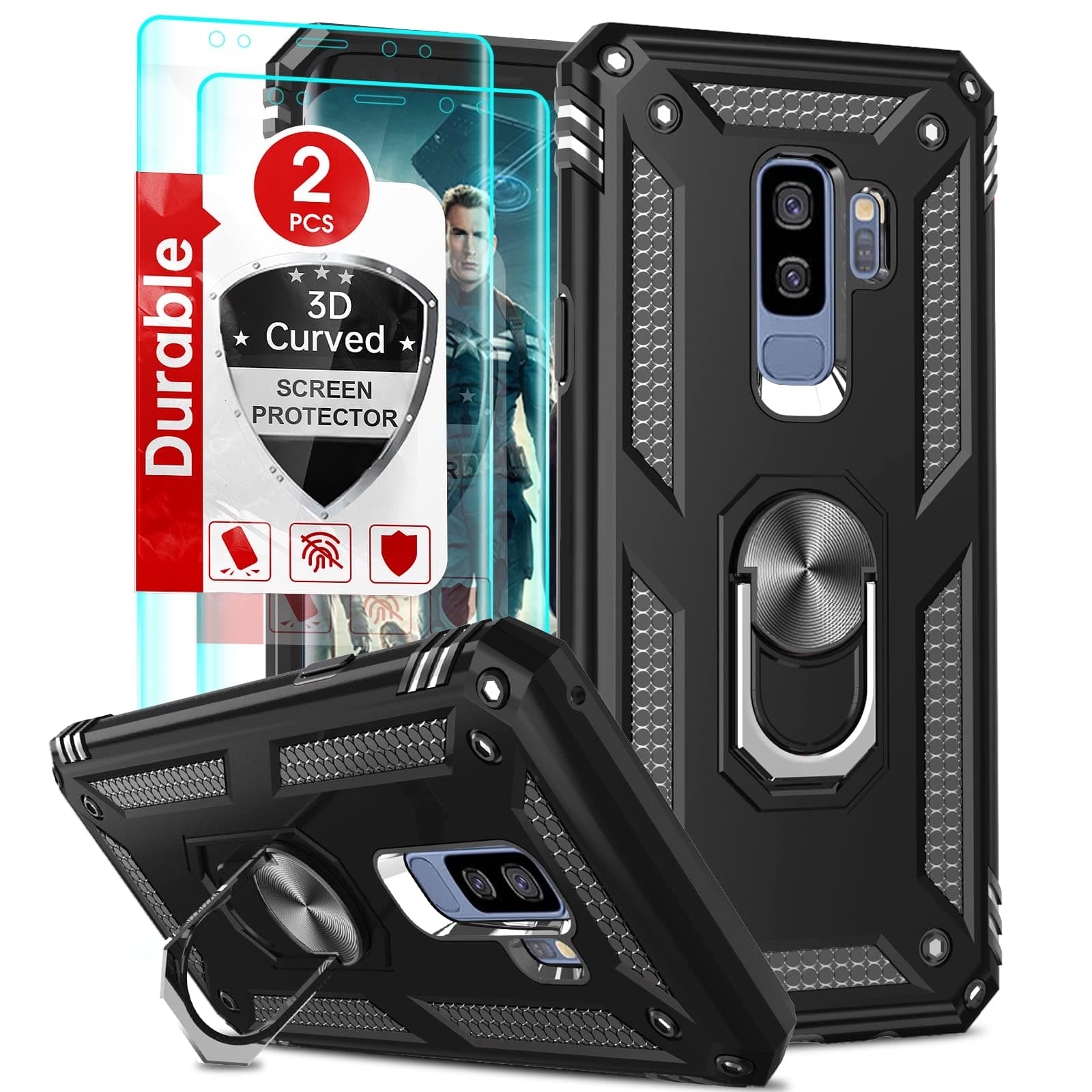 for Samsung Galaxy S9 Plus Case, Galaxy S9+ Plus Case with [2 Pack] 3D Curved Screen Protector, [Military-Grade] Magnetic Ring Stand Protective Phone Case Covers for S9 Plus [NOT FIT S9], Black
