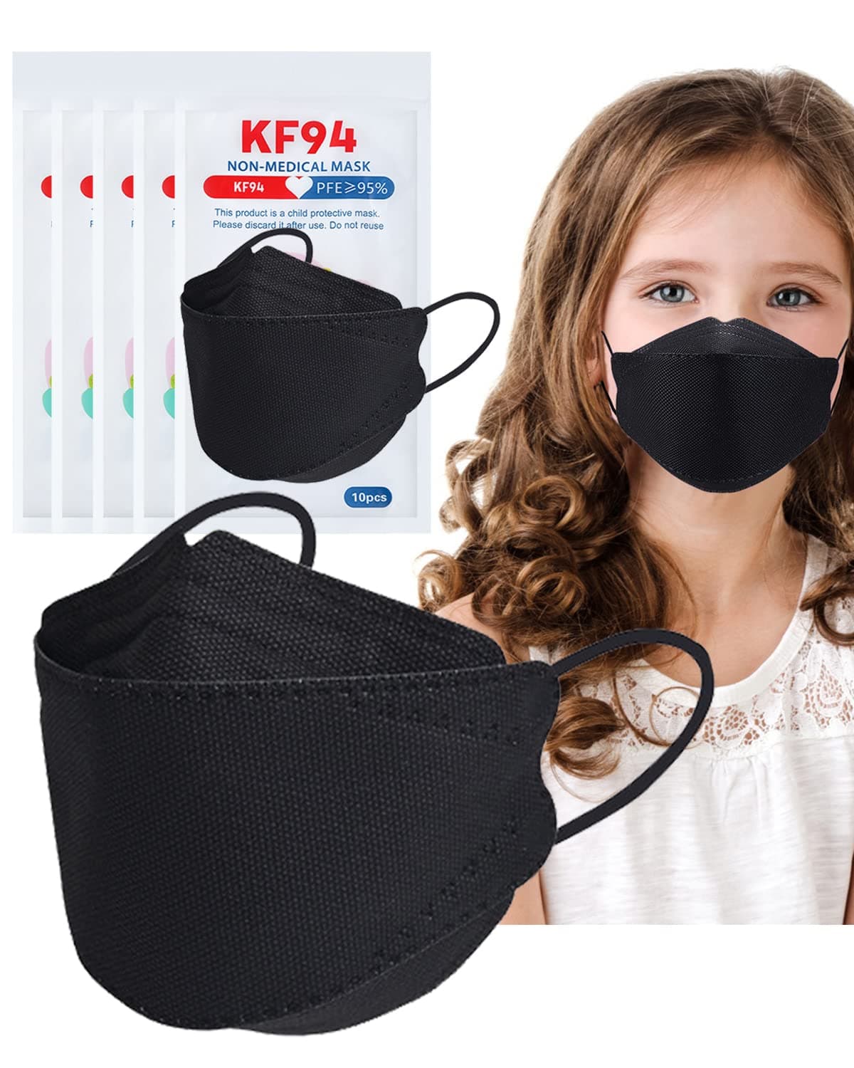 50 PCS KF94 Kids Mask, 4 Layers Children Non-Woven Protective Mask , Breathable 3D Design Disposable KF94(Black)