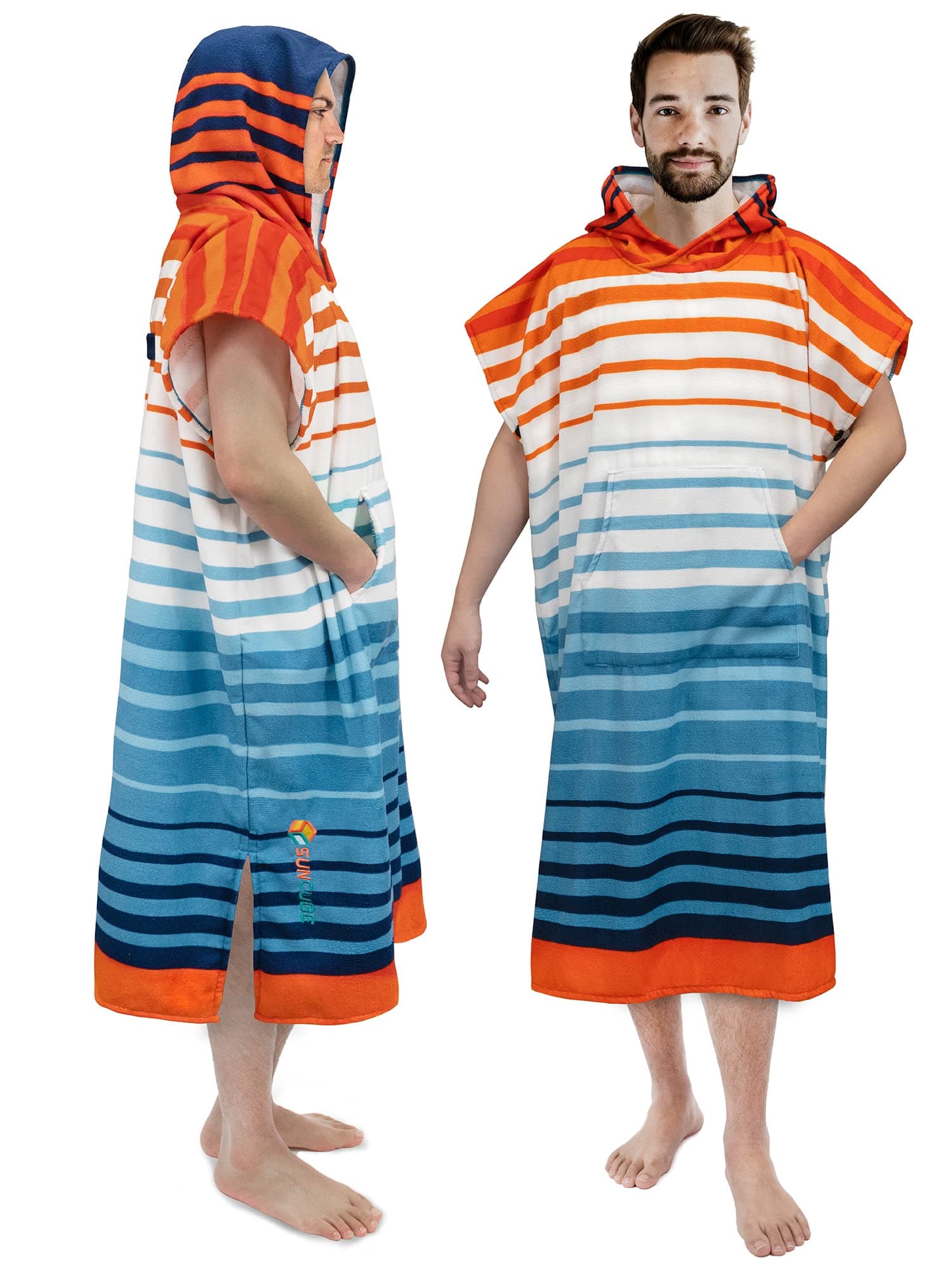 SUN CUBE Surf Poncho Changing Robe with Hood, Thick Quick Dry Microfiber Wetsuit Changing Towel for Surfing Beach Swim Outdoor Sports Men, Absorbent Wearable Towel Cover Up, Orange Blue Stripe