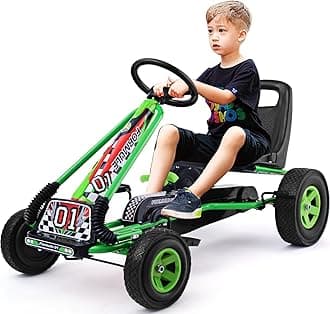 Go Kart for Kids, 4 Wheel Off-Road Pedal Powered Go Cart with 2-Position Adjustable Bucket Seat, Safety Brakes, EVA Rubber Tires, Outdoor Ride On Racer Pedal Car for Boys & Girls (Green)